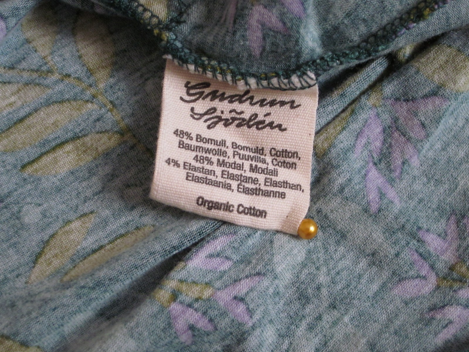 Gudrun Sjoden Leaf Tunic Dress Greens Lavender Organic Cotton Size M Lagenlook