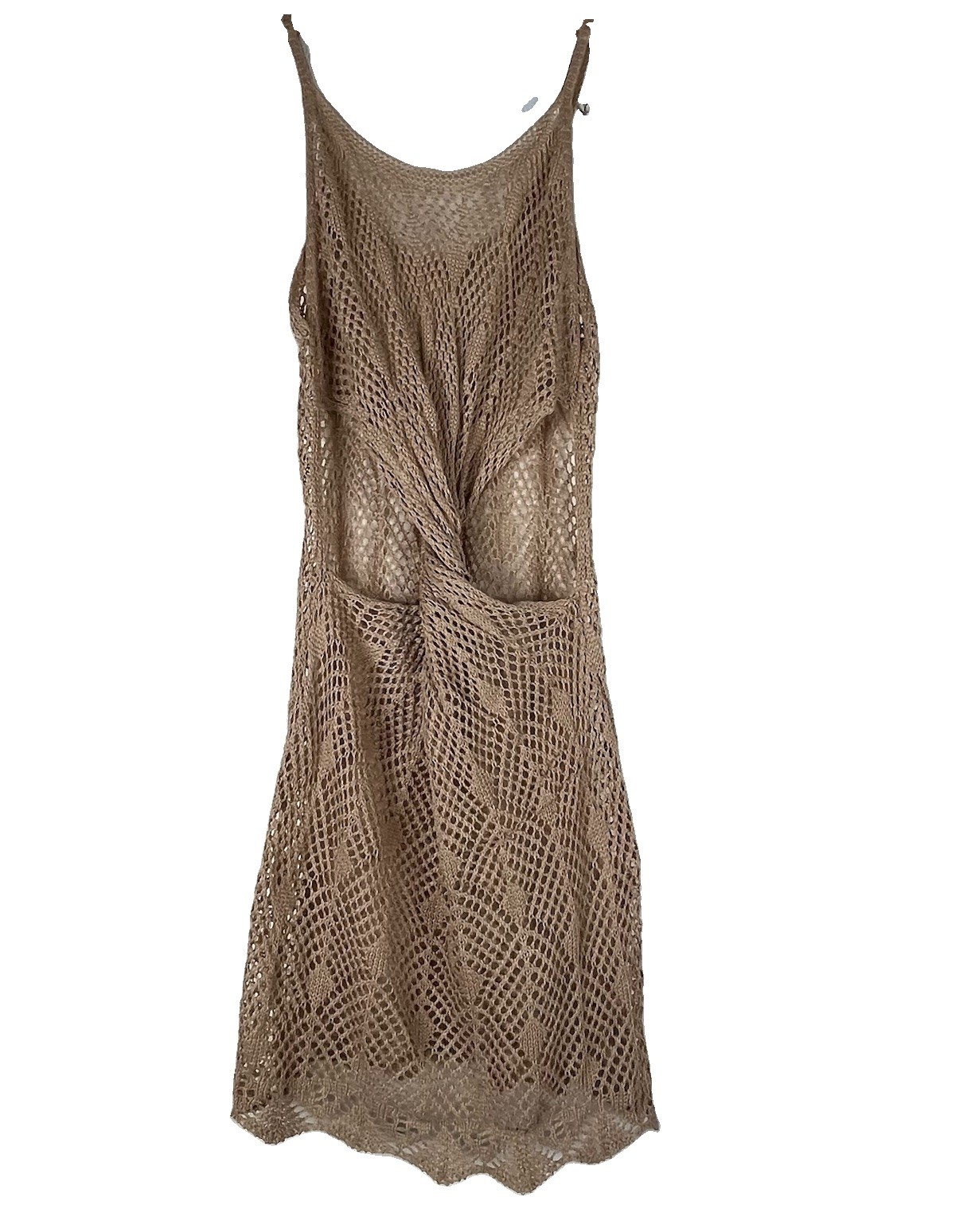 Women’s Crochet Knit Beach Cover Up Dress Tan Open Knit Sleeveless Size M