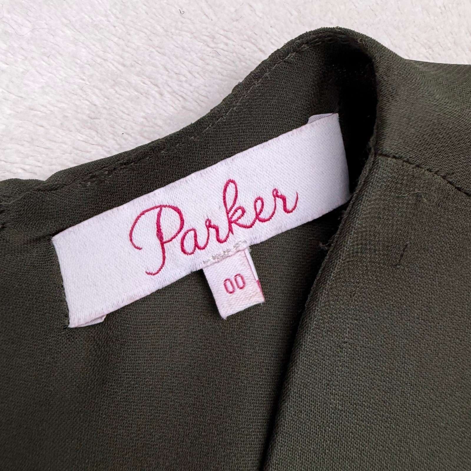 Parker Silk Blend Olive Green Long Sleeve Ruffle Faux Wrap Mini Dress Size S