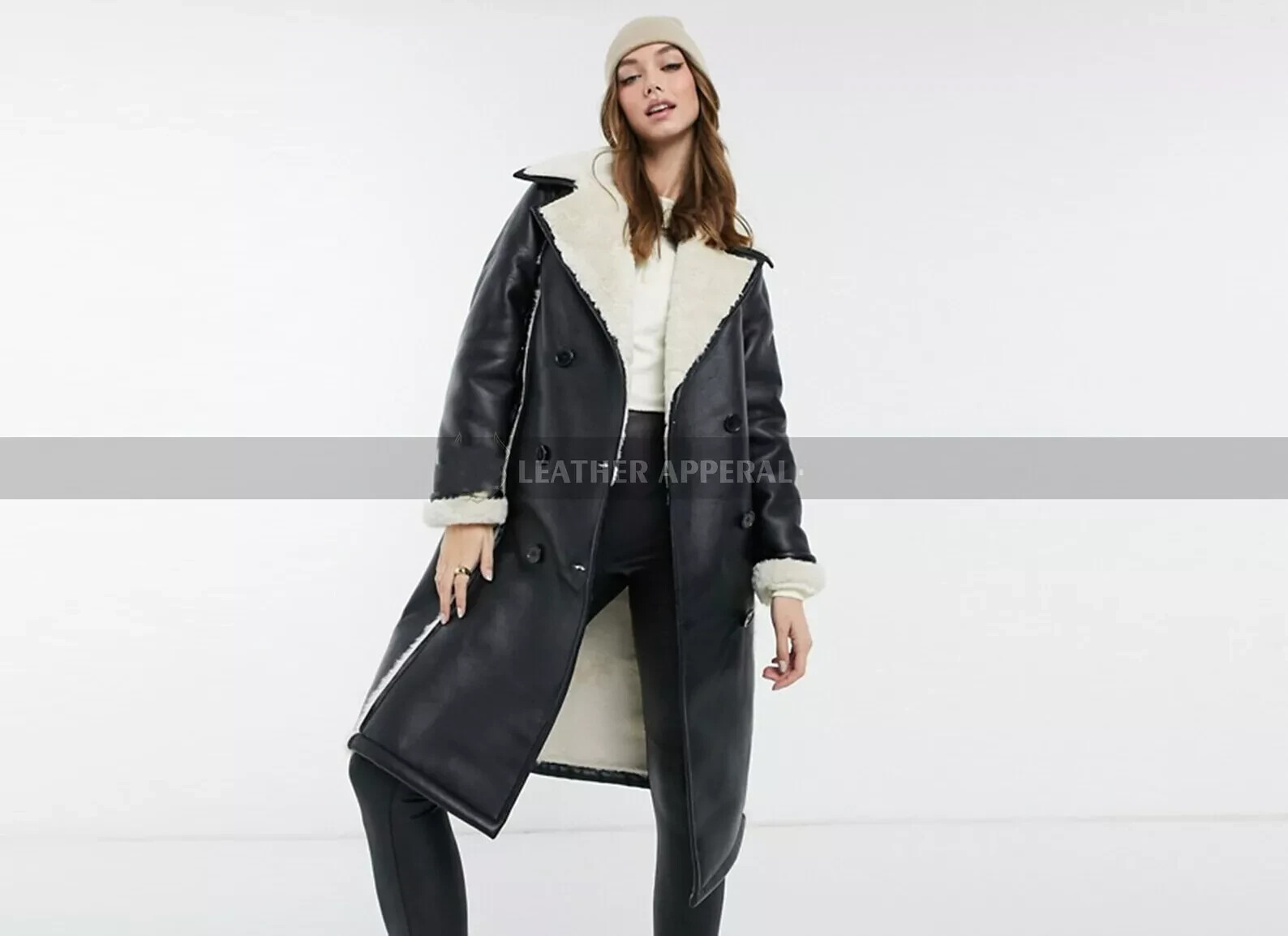 Womens Shearling Trench Leather coat| Genuine Lambskin Leather & Faux Fur Coat M