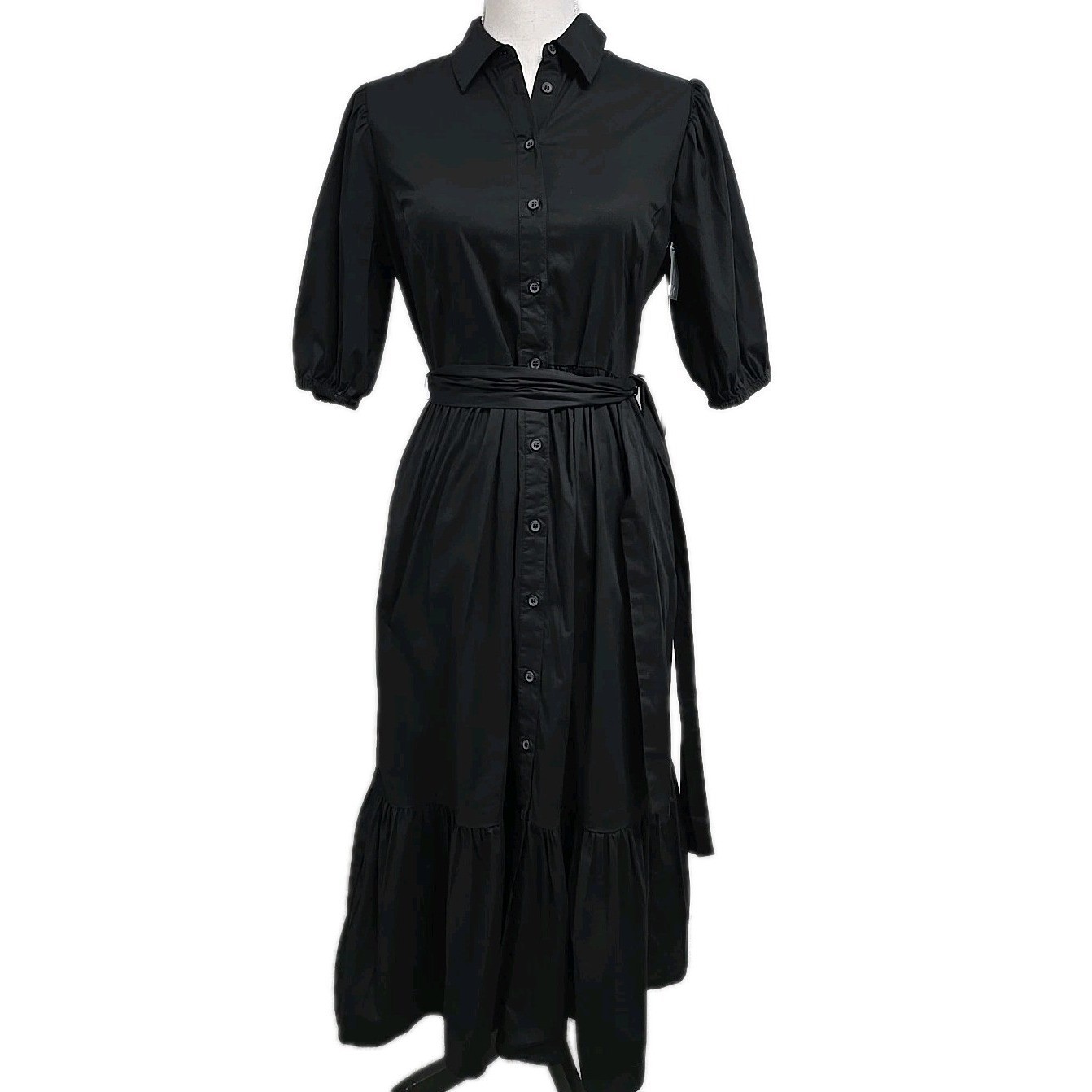 Caslon Puff Sleeves Stretch Cotton Button Front Shirtdress Black Women’s Size S