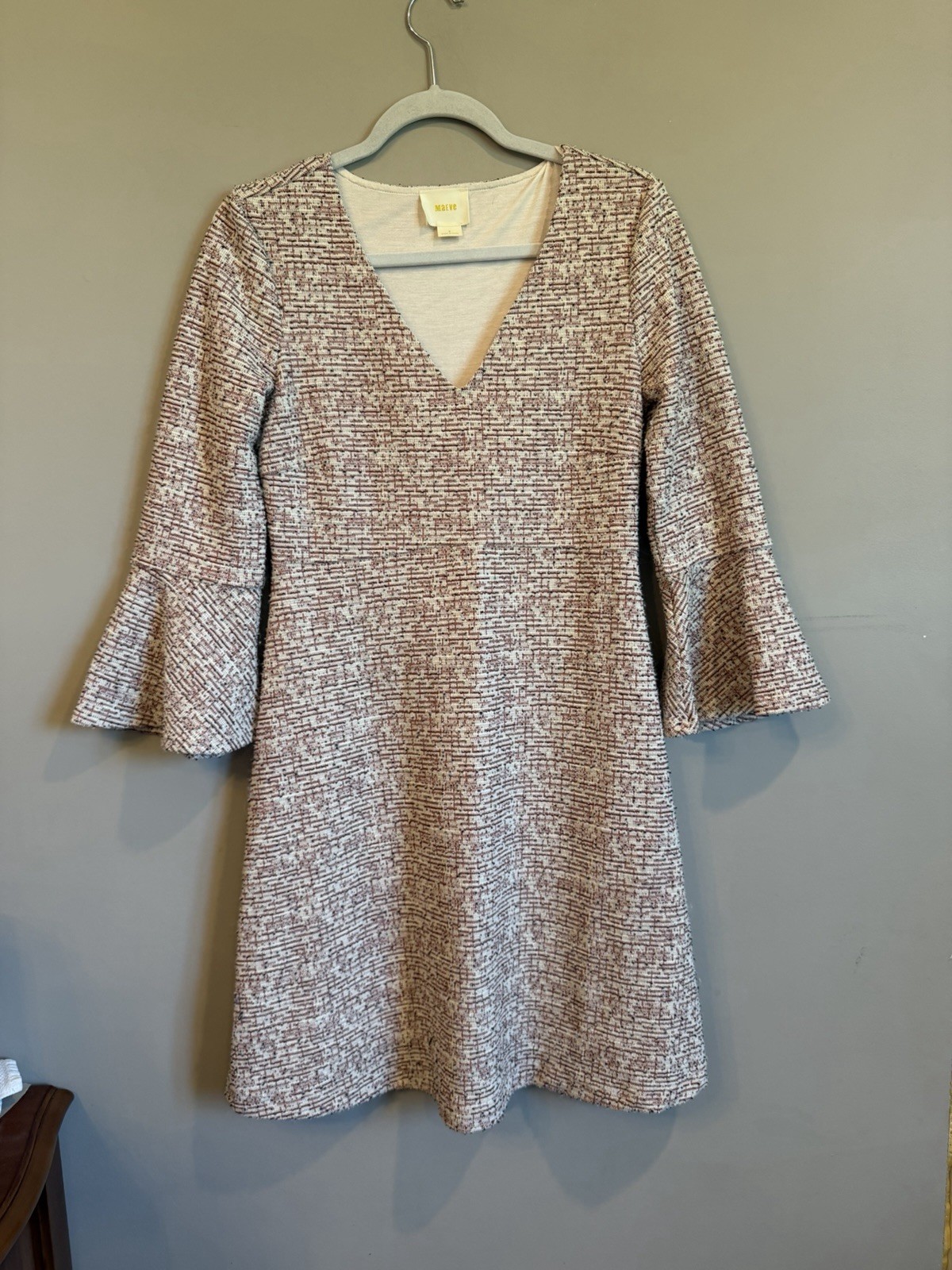 Maeve Anthropologie Dress Tweed Susie Swing Dress S Ivory Red Bell Sleeve Boho