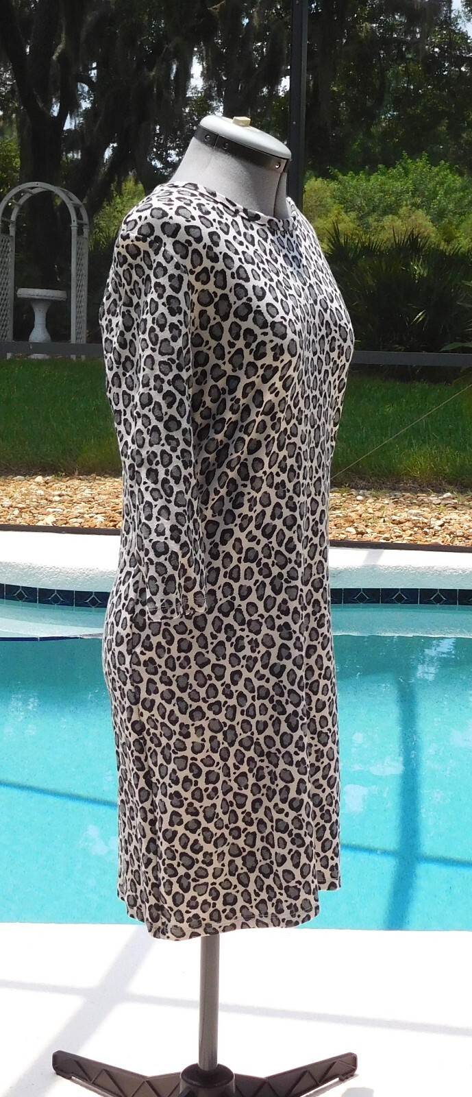 NWT Organic Cotton 3/4 Sleeve Snow Leopard Print Dress Large L stretch travel