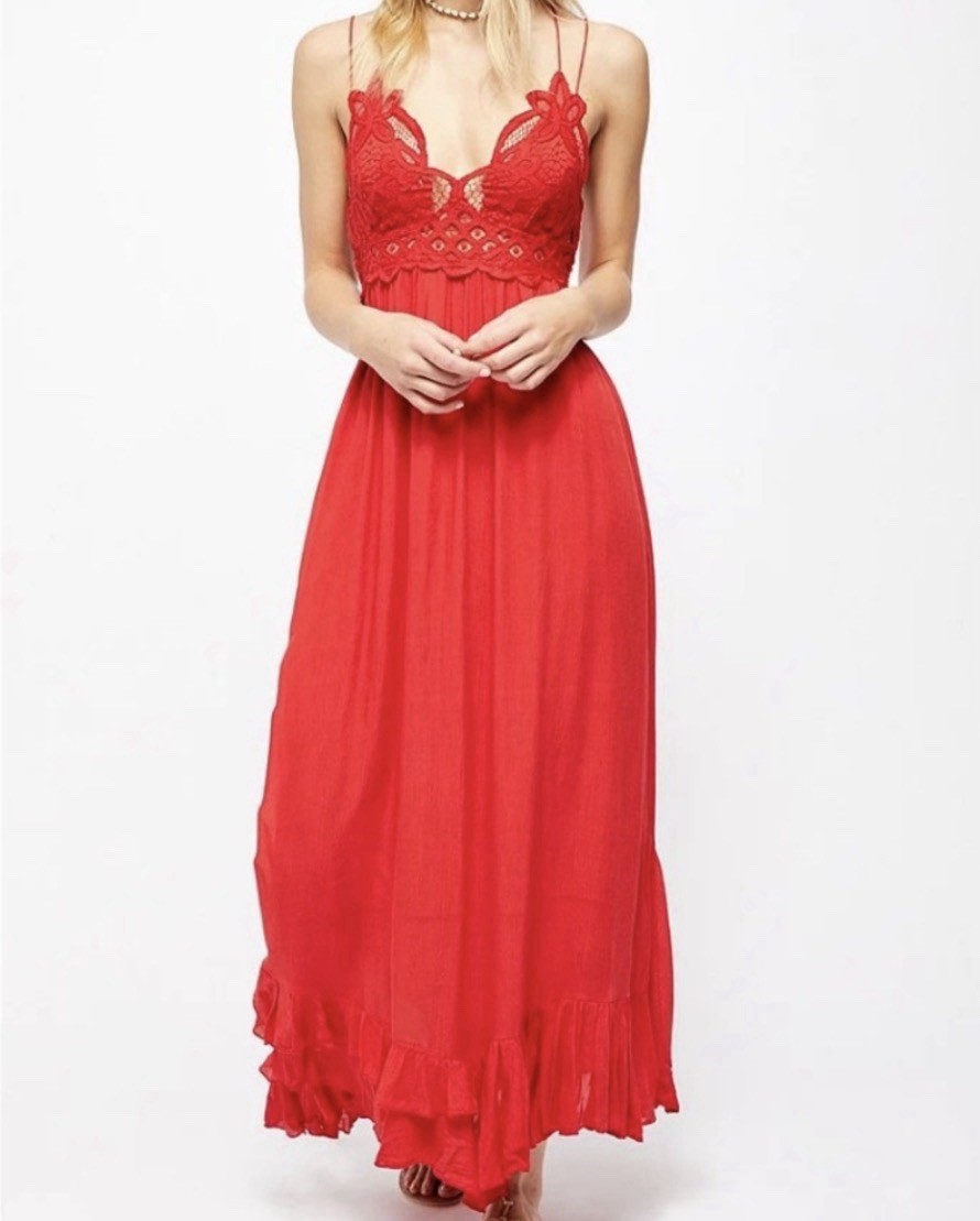 FREE PEOPLE “Adella” Maxi Slip Dress With Lace Top, Bright Red, Size XS, NEW