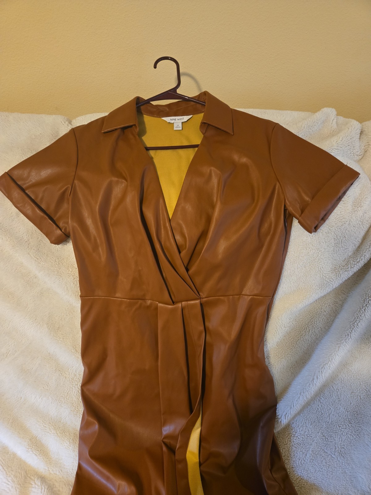 Nine West Women’s Size Med NWT Faux-Leather Midi Dress Short Sleeve Maple Brown