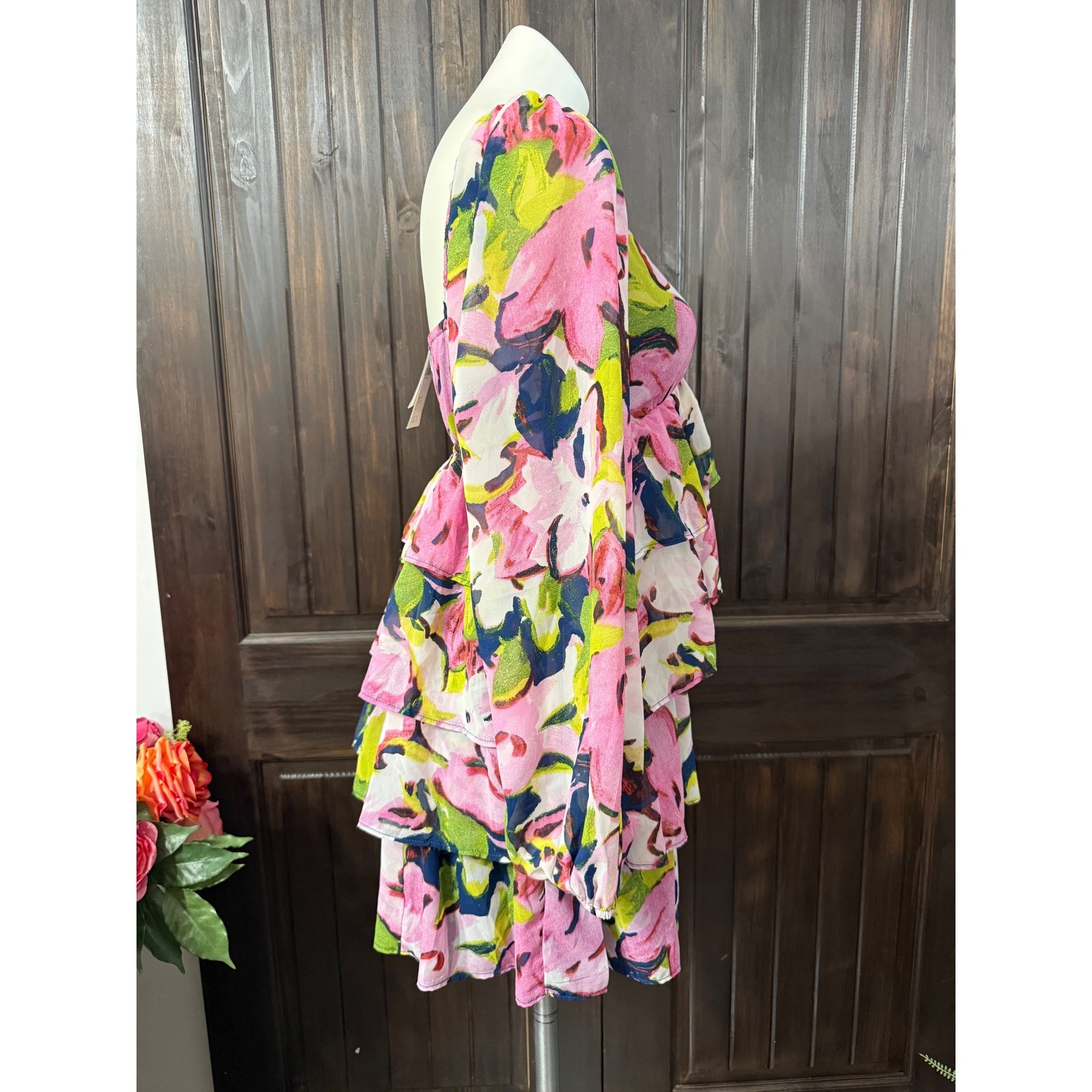 Abercrombie & Fitch Floral Tiered Ruffle Mini Dress Pink Green Long Sleeve NEW