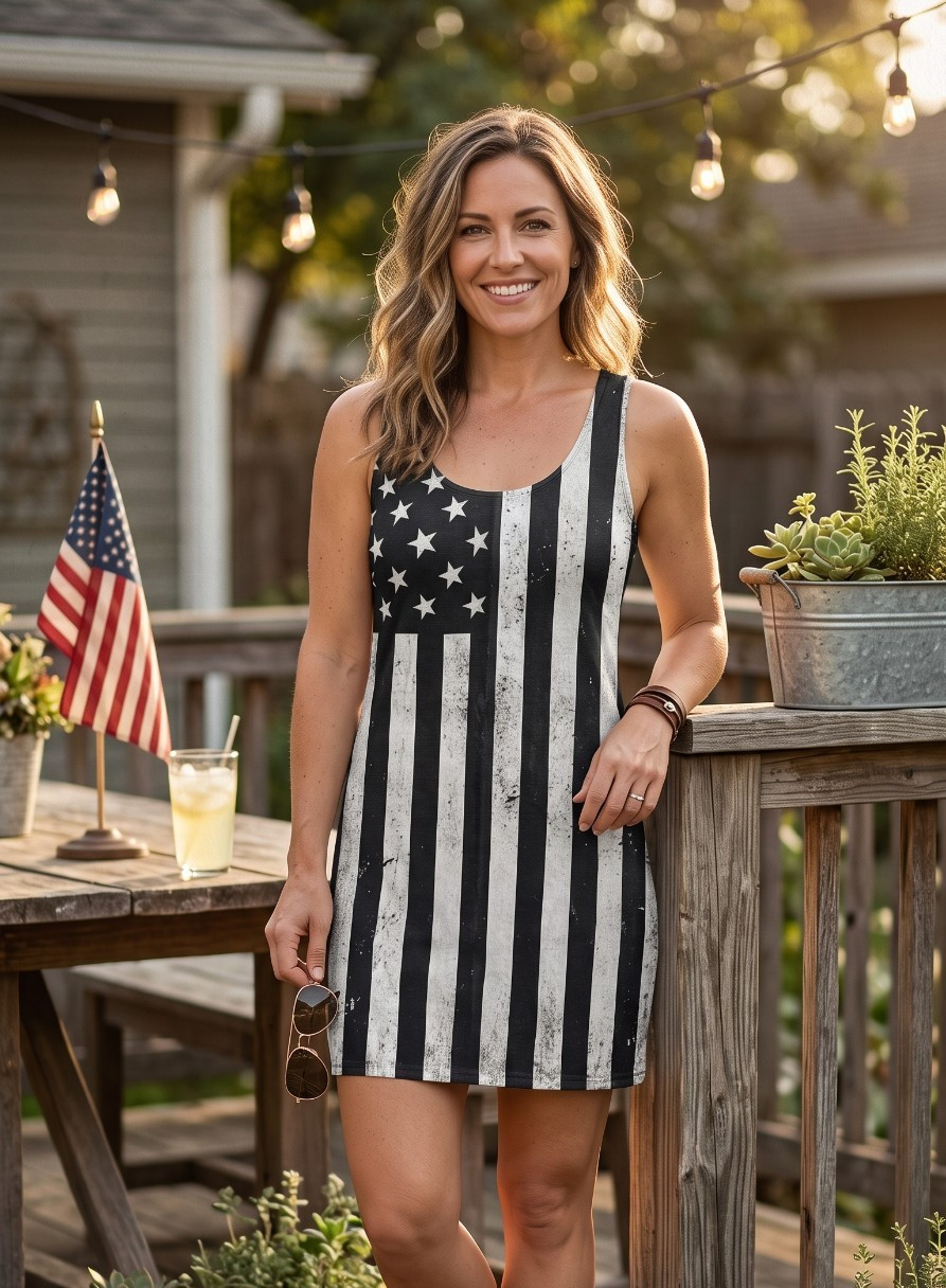 Affliction Black White USA Flag,Mini Dress | Racerback Dress,Mini Lady Dress