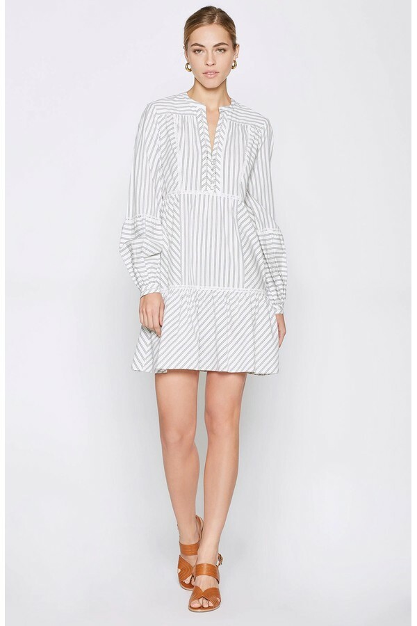 JOIE Porcelain White Stripe Lace Marison A-Line Ruffle Poplin Cotton Dress 8 = M
