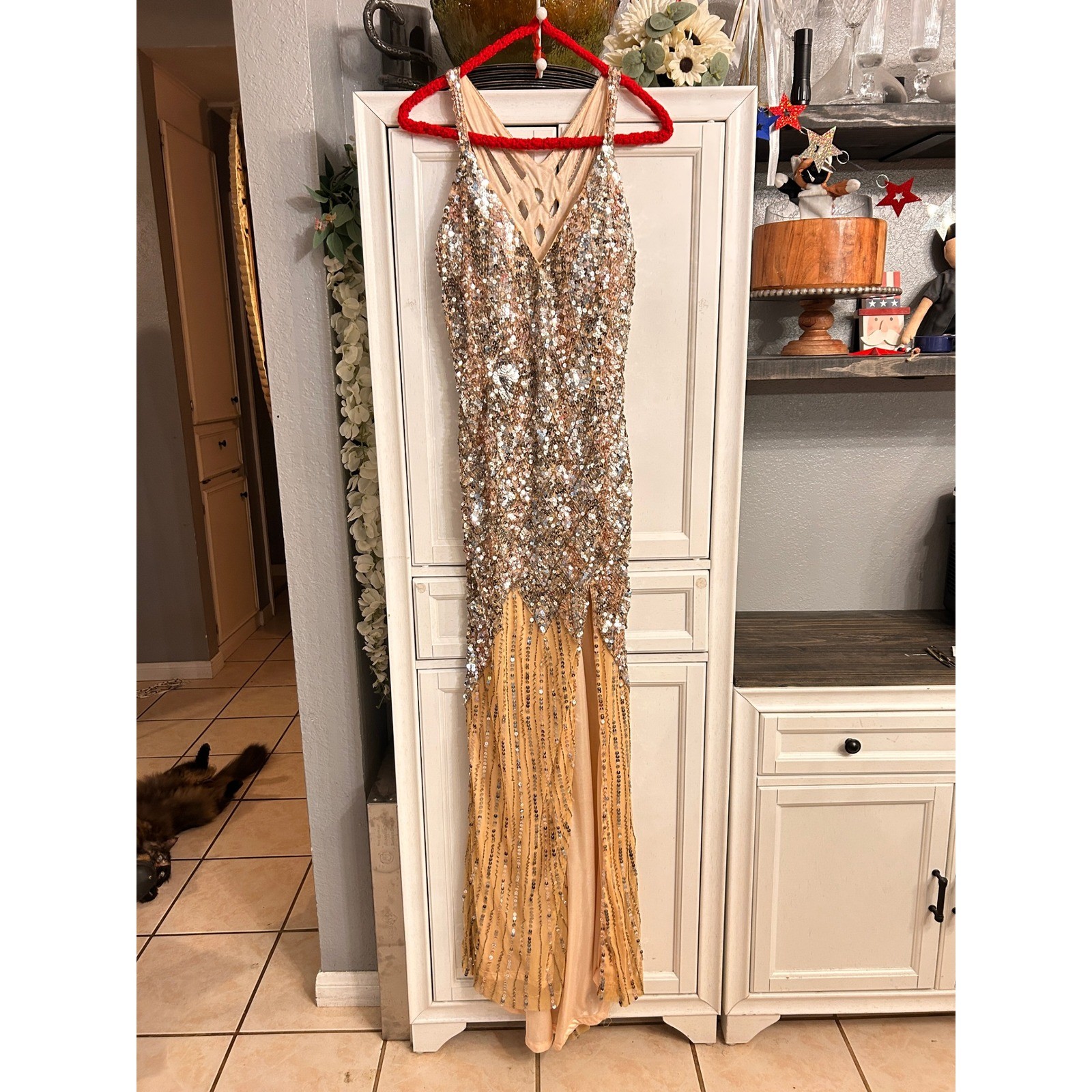 Gold Silver Sequin Formal Gown High Slit Maxi Dress MEDIUM Holiday Prom Party
