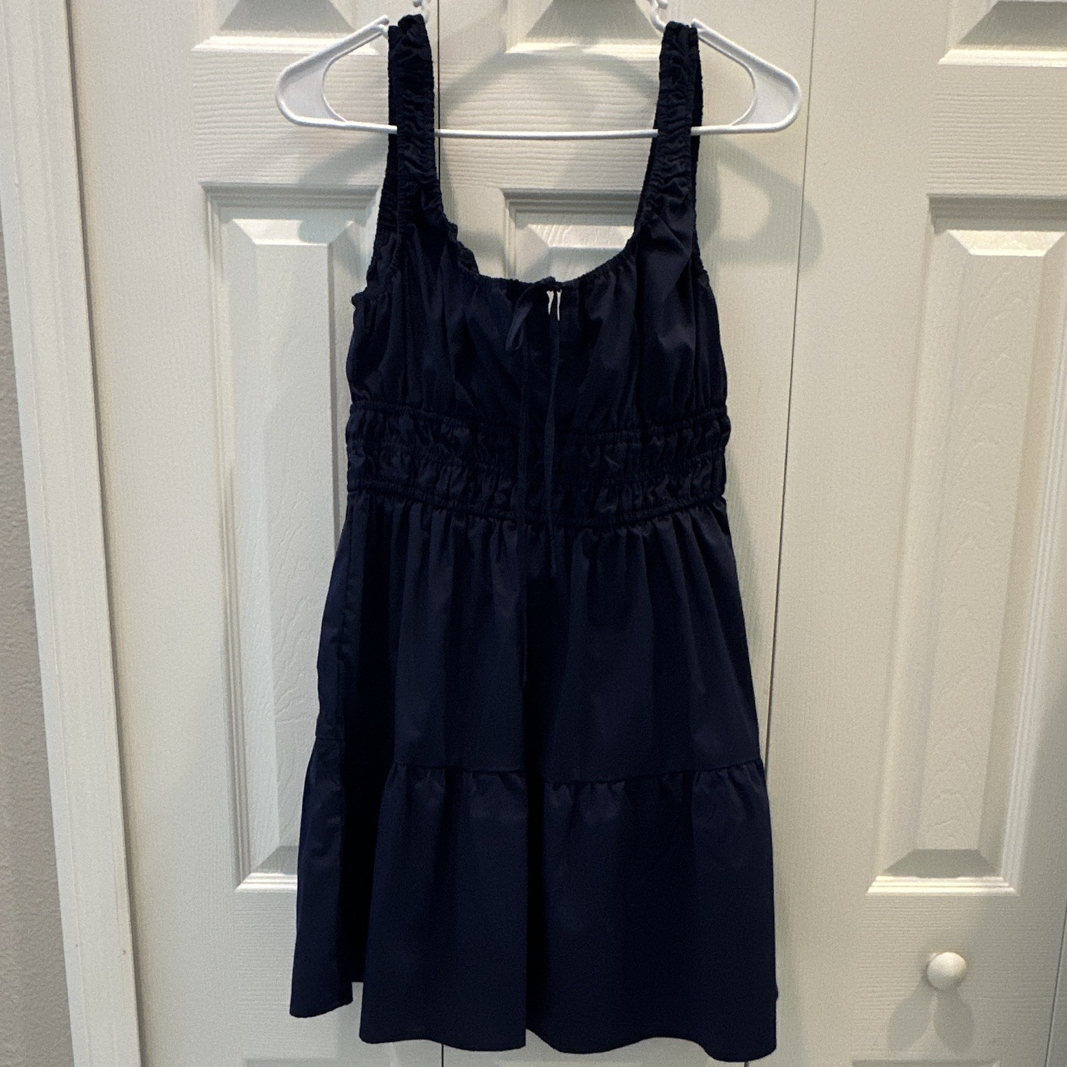Just Found Navy Satin Smocked A-Line Dress Square Neck Straps Knee Length L
