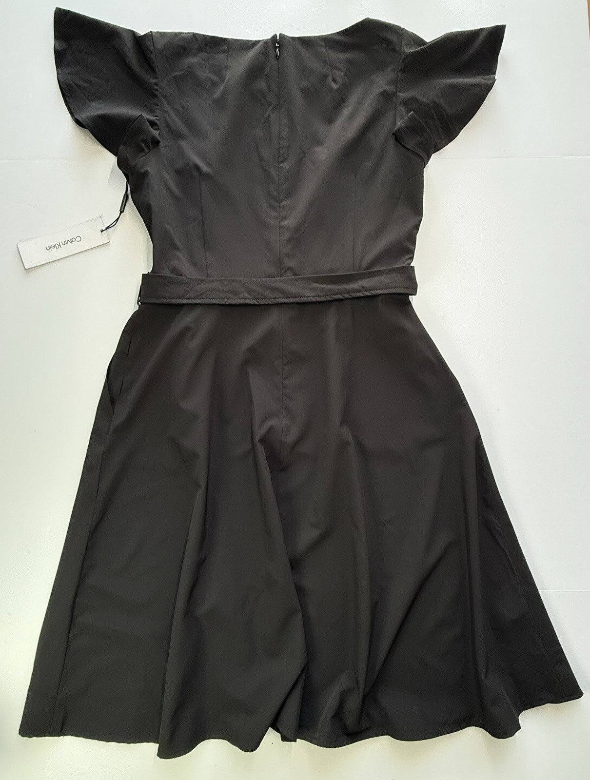 Calvin Klein Dress Womens 10 Black Fit & Flare Flutter Sleeve Belted Pockets NWT