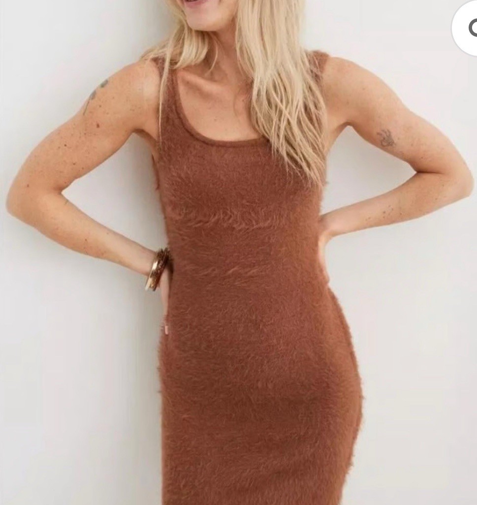 Aerie Fuzzy Body-con Dress S Brown Sleeveless Tank Stretch NEW