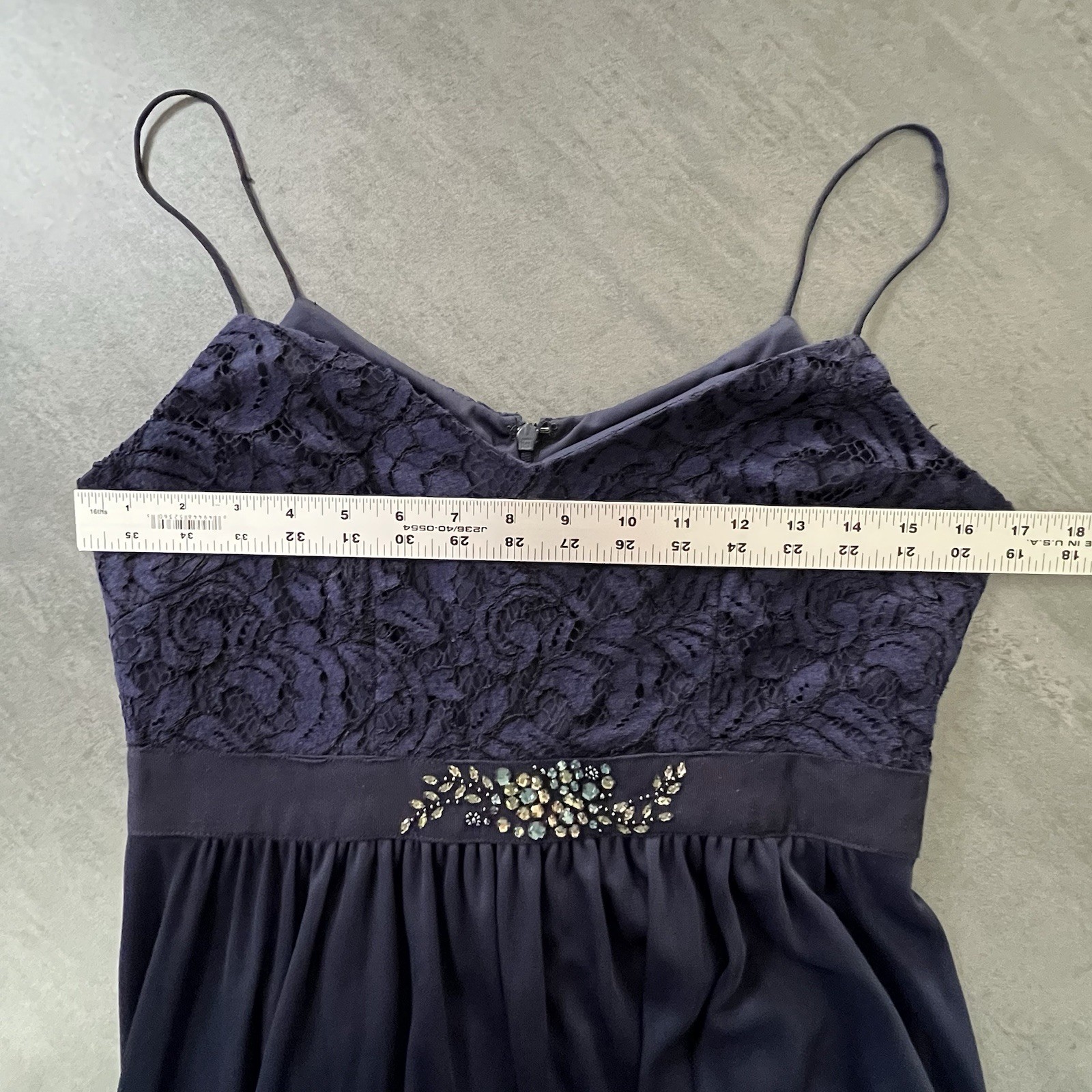 Adrianna Papell Navy Blue Long Formal Rhinestone Lace Gown Dress Women’s Size 8