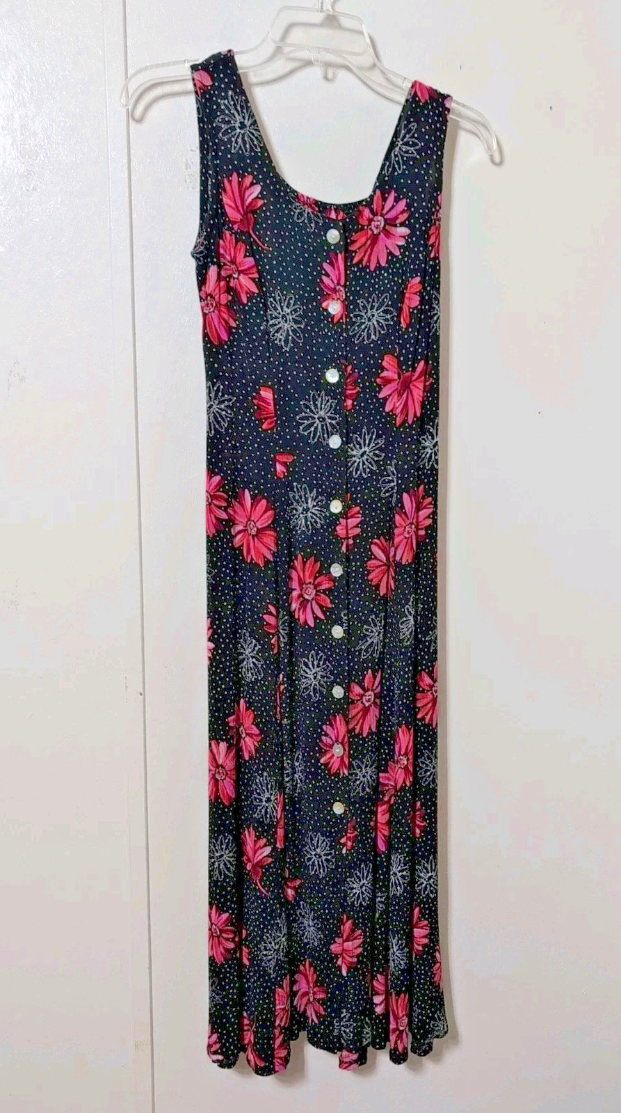 Vintage Betsy Lauren Maxi Dress Size 5/6 Black Pink Flowers Sleeveless Crinkle