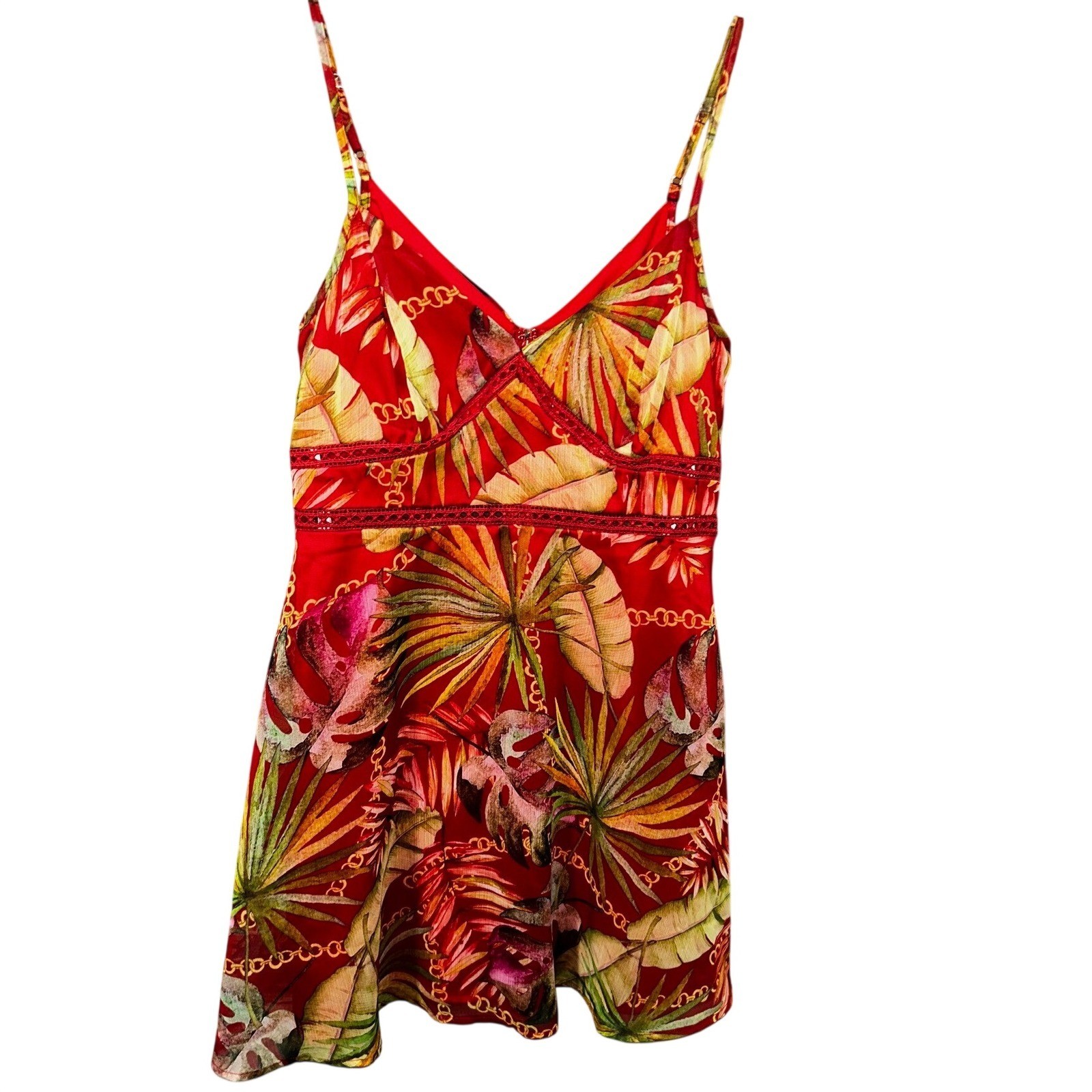Guess Women’s Red Floral Botanical Summer Mini Dress Tropical Palm Leaf Medium