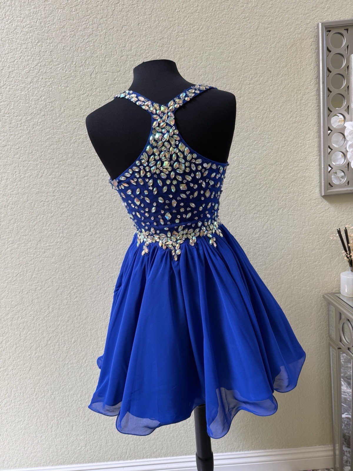Dancing Queen Blue Rhinestone Beaded Sweetheart Mini Prom Dress Women M