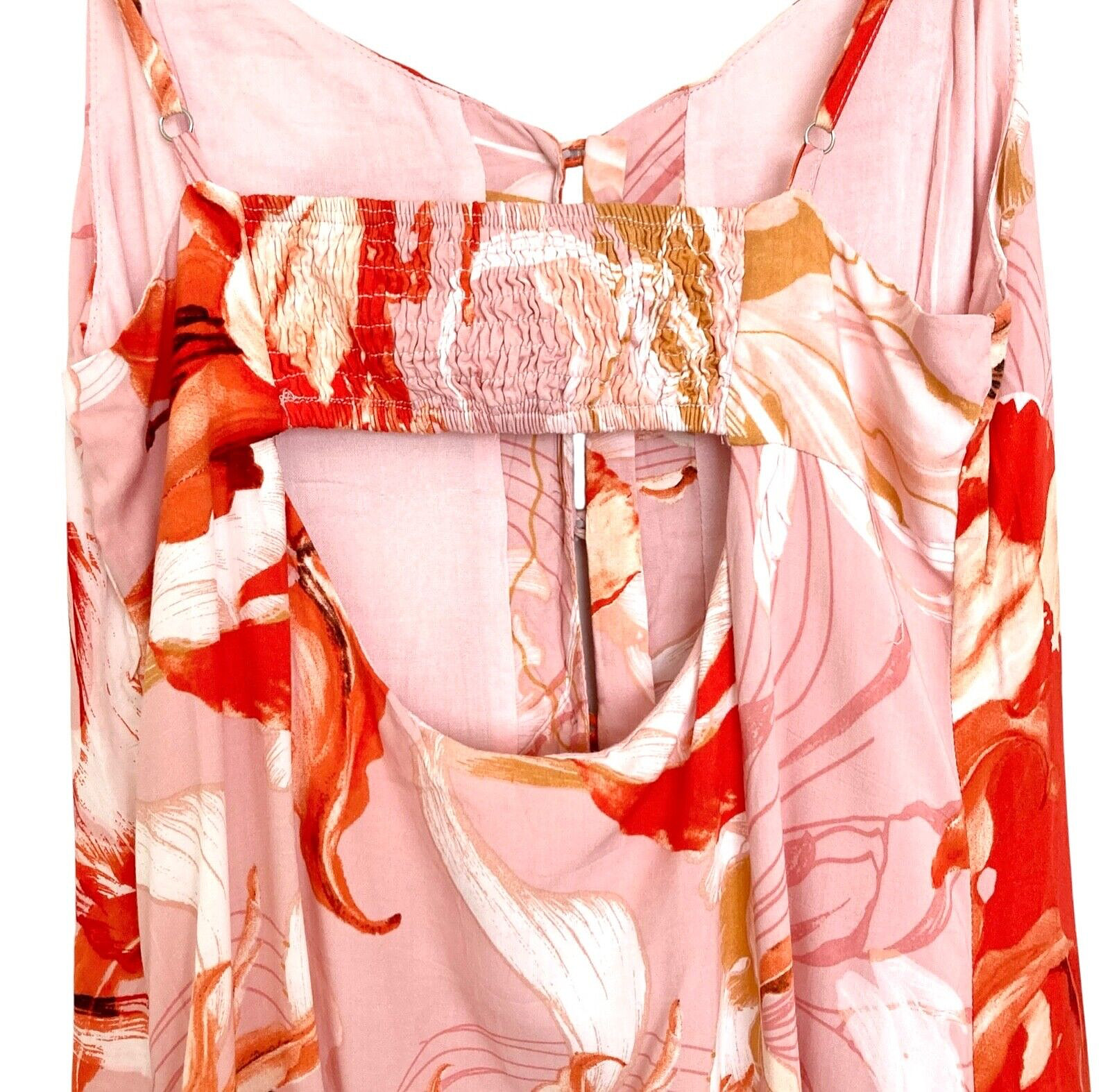 ABEL THE LABEL Lola Flower Bomb Midi Dress Sz M Flounced Hi Low Cutout Back Pink
