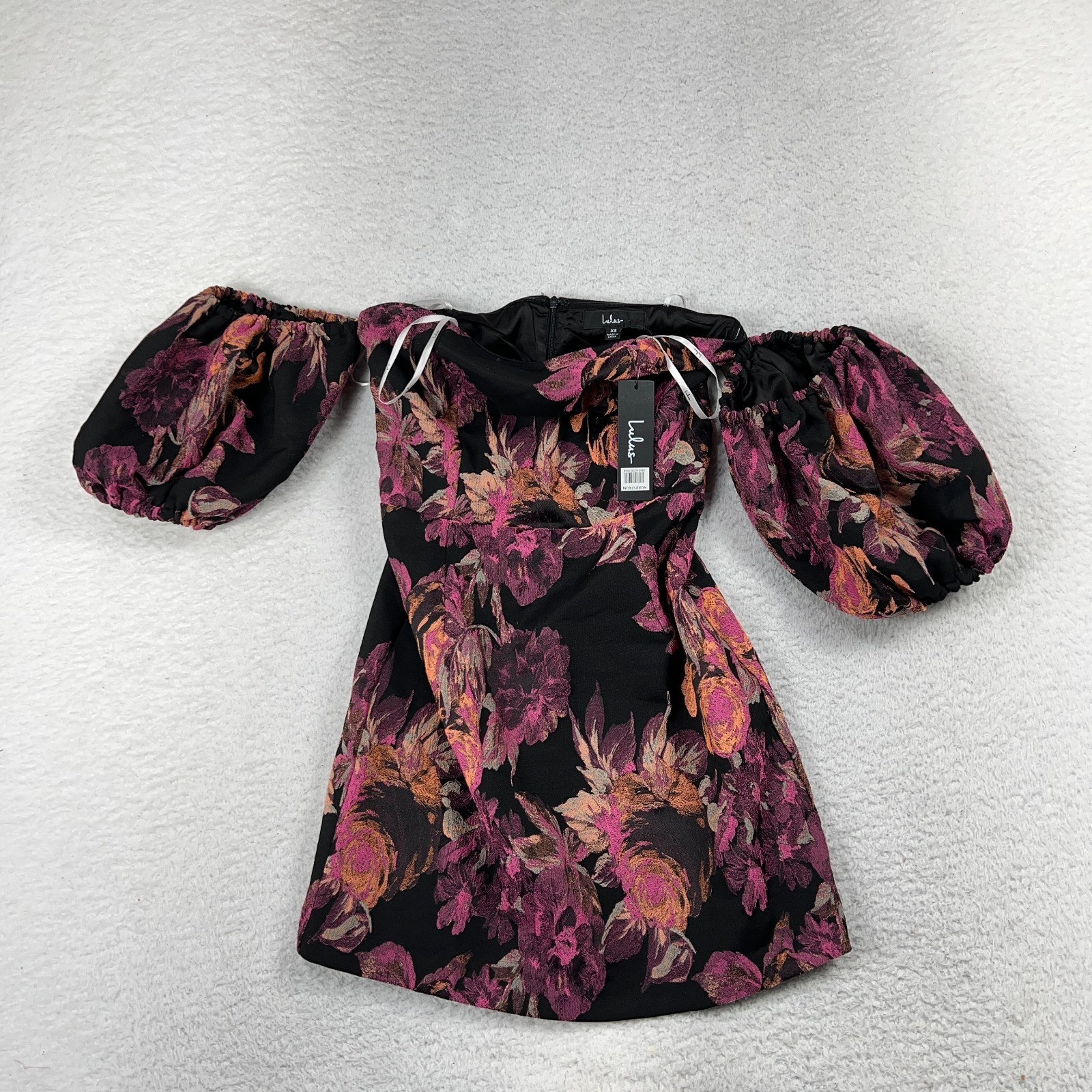NWT Lulus Head Turnin’ Black Floral Print Off-The-Shoulder Bodycon Dress XS