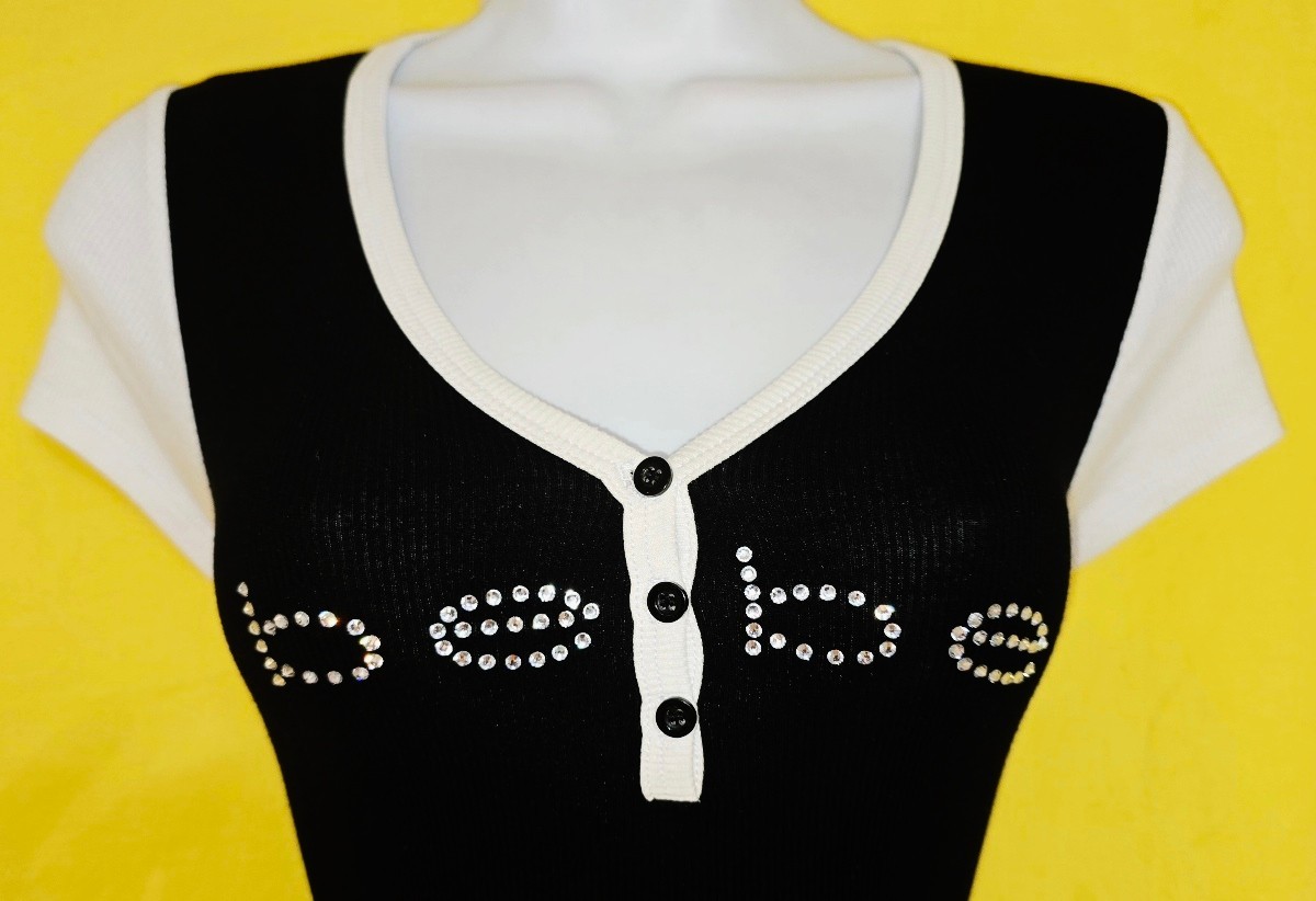 “RARE” BEBE SWAROVSKI CRYSTAL RHINESTONE LOGO BUTTON FRONT DRESS STRETCHY S NWOT