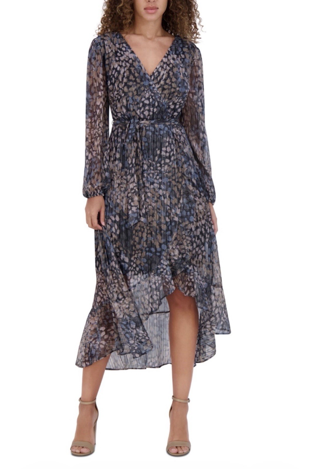 Kensie Women’s Chiffon V-Neck Long-Sleeve Self-Tie Dress-Multi, Size-12