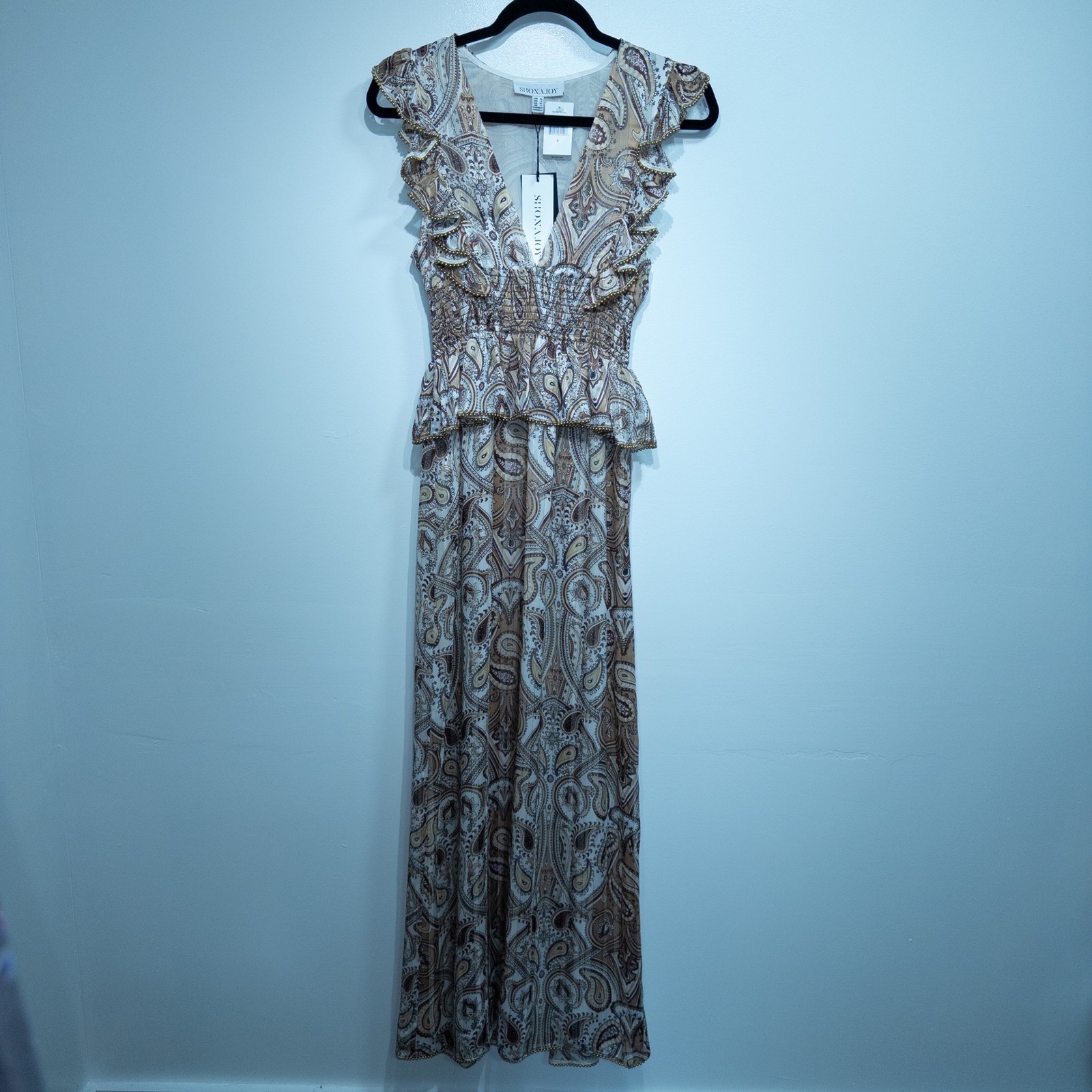 Shona Joy Brown Paisley Pallenberg Shirred Maxi Dress 6 NWT