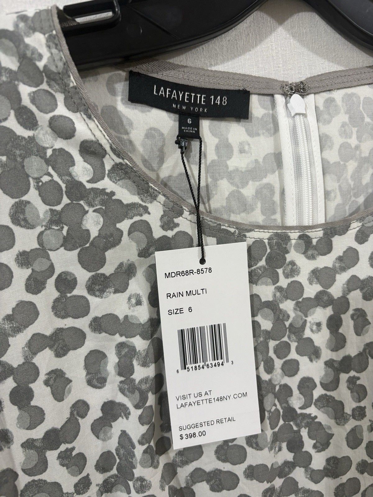 NWT Lafayette 148 New York Rain Multi Animal Print Dot White Gray Dress Size 6
