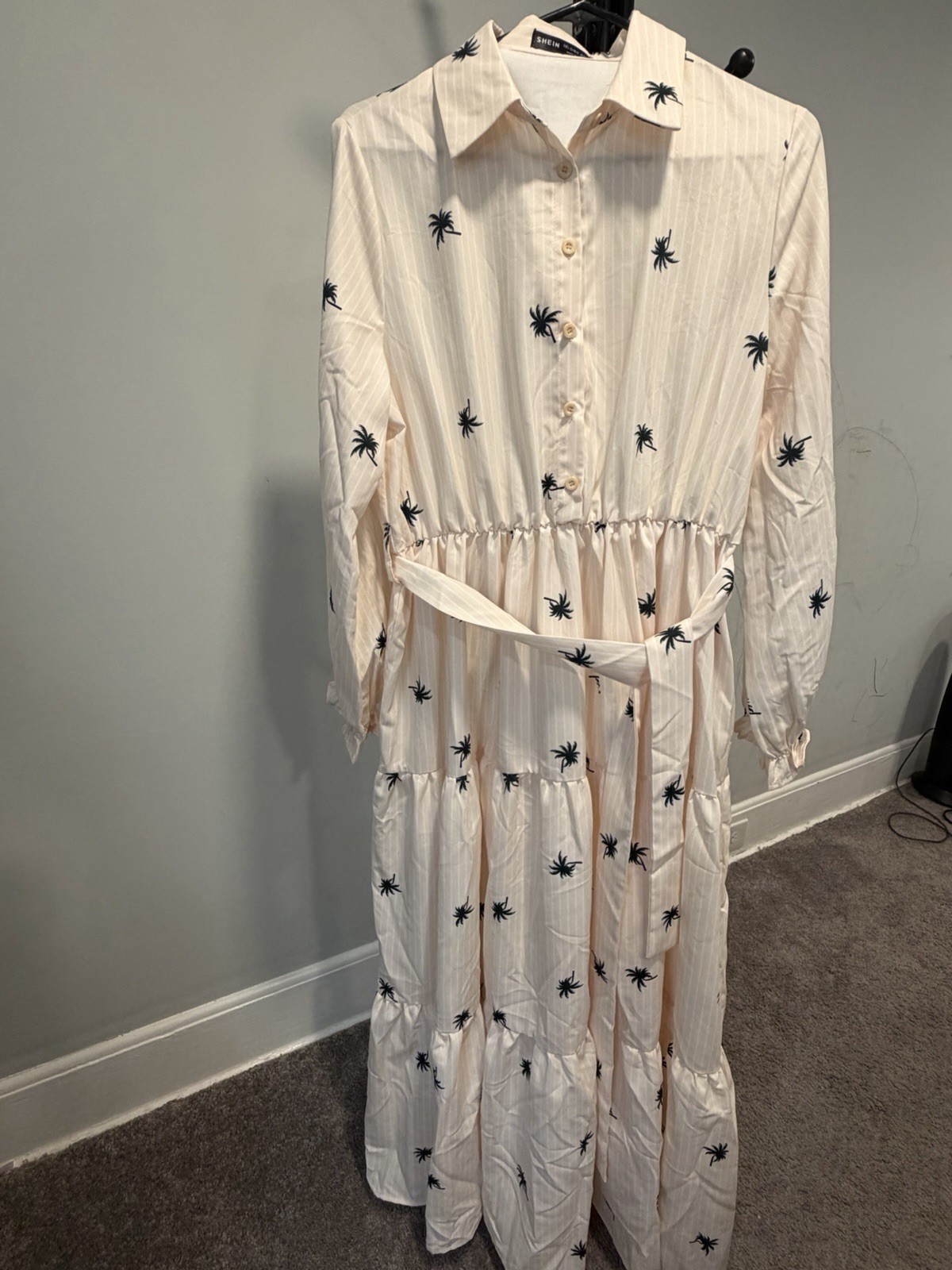 SHEIN Women’s Ivory Palm Tree Collared Button Belted Maxi Shirt Dress L