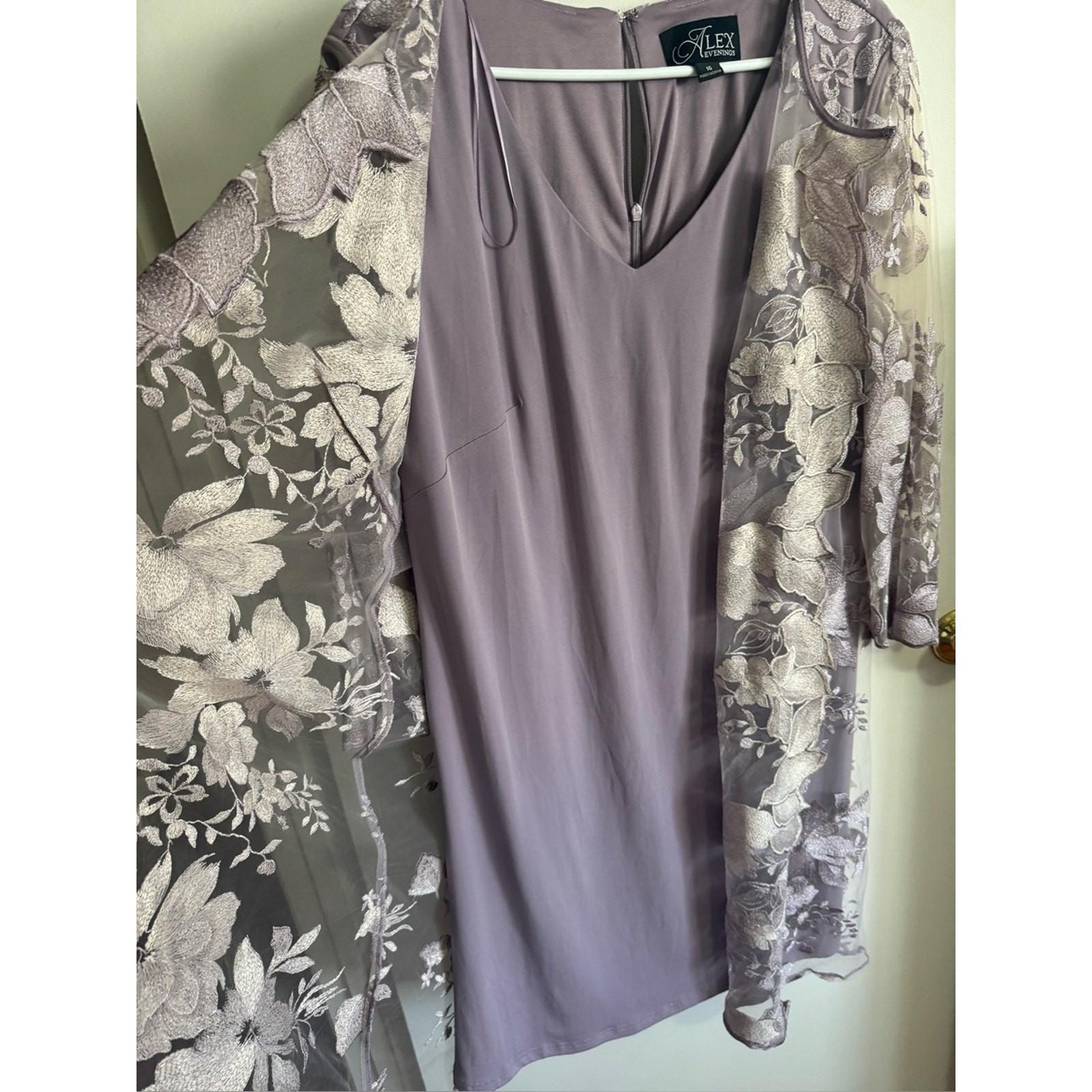 Alex Evening Lilac Cocktail, Evening, Formal Dress w/ sheer floral shell jacket