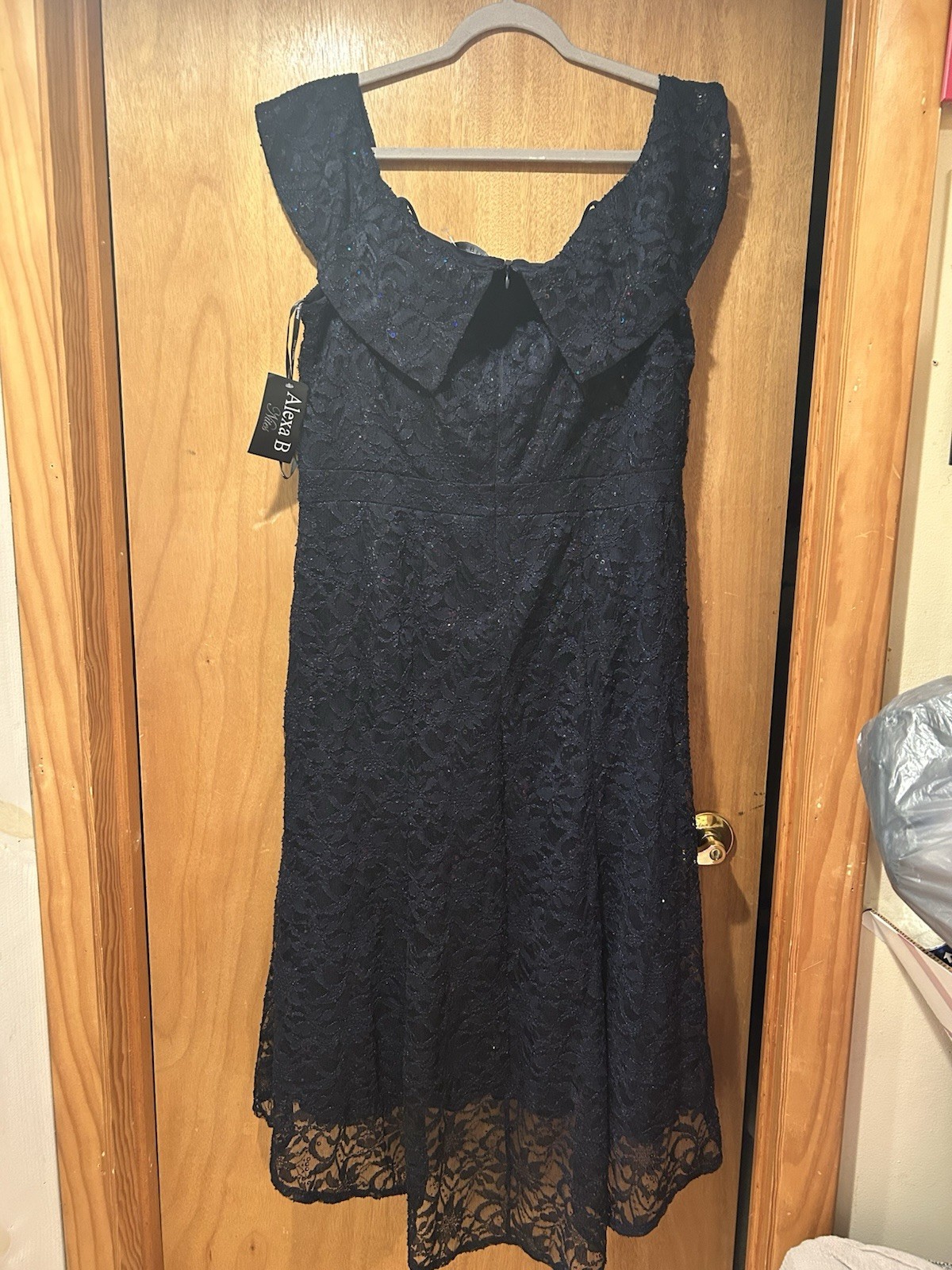 Alexa B Nites Navy Floral Lace Sequin A-Line Knee Dress Scoop Neck 20W