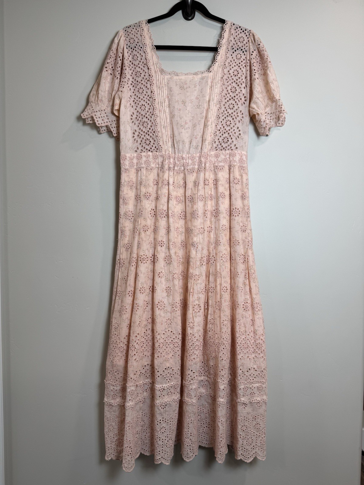 LoveShackFancy Helena Pink Eyelet Floral Square Neck Puff Sleeve Maxi Dress SZ 8