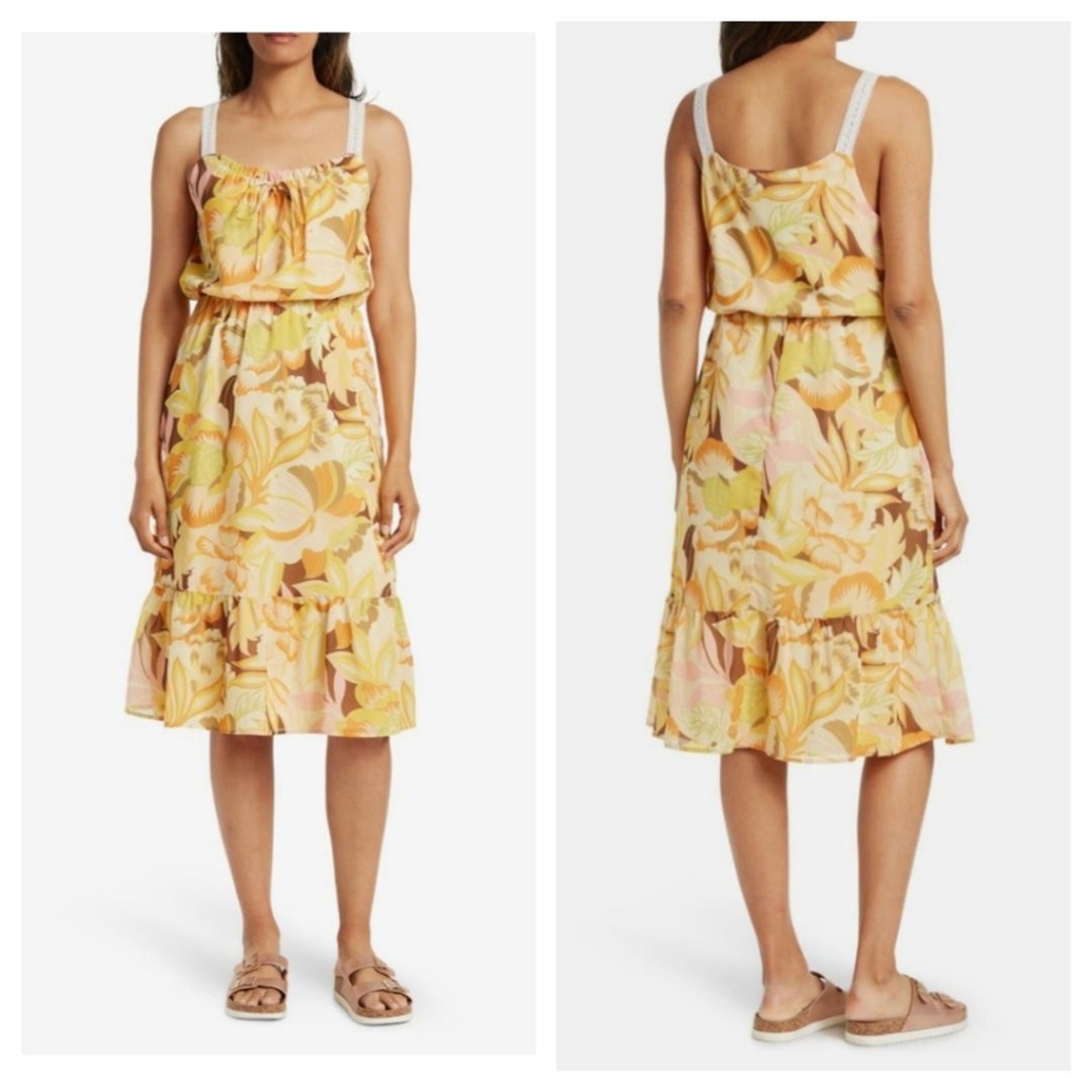 New Collective Concepts Sleeveless Crochet Trim Blouson Midi Dress Yellow Multi