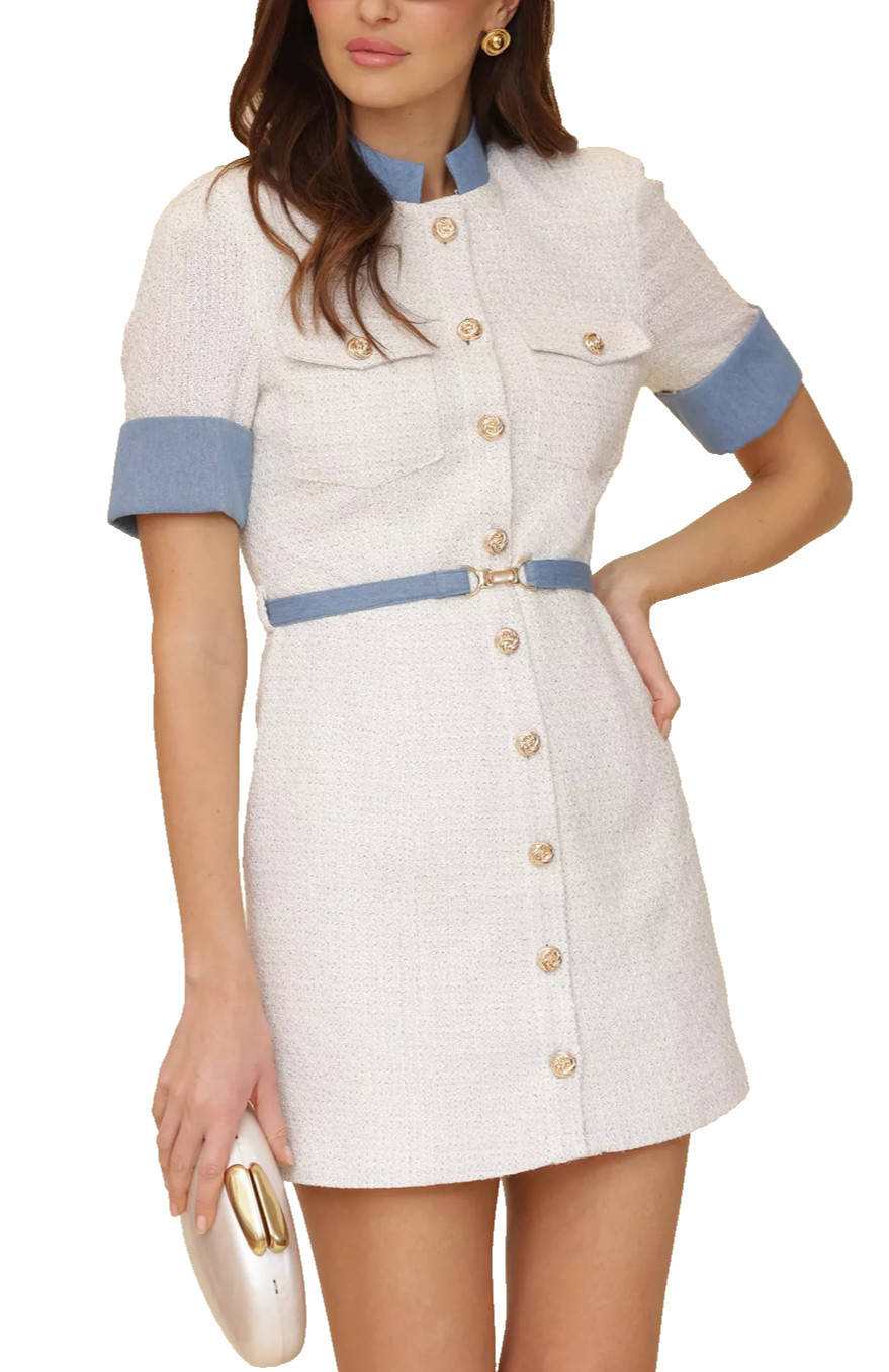 Avec Les Filles Shirt Dress 14 Ivory Tweed Belted Denim Trim Button Front NWT