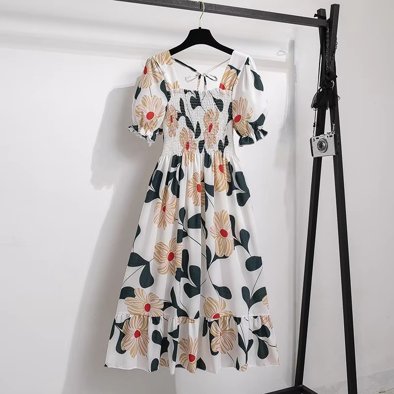 Chic Spring Summer Chiffon A-Line Dress with Elastic Waist and Short Sleeves