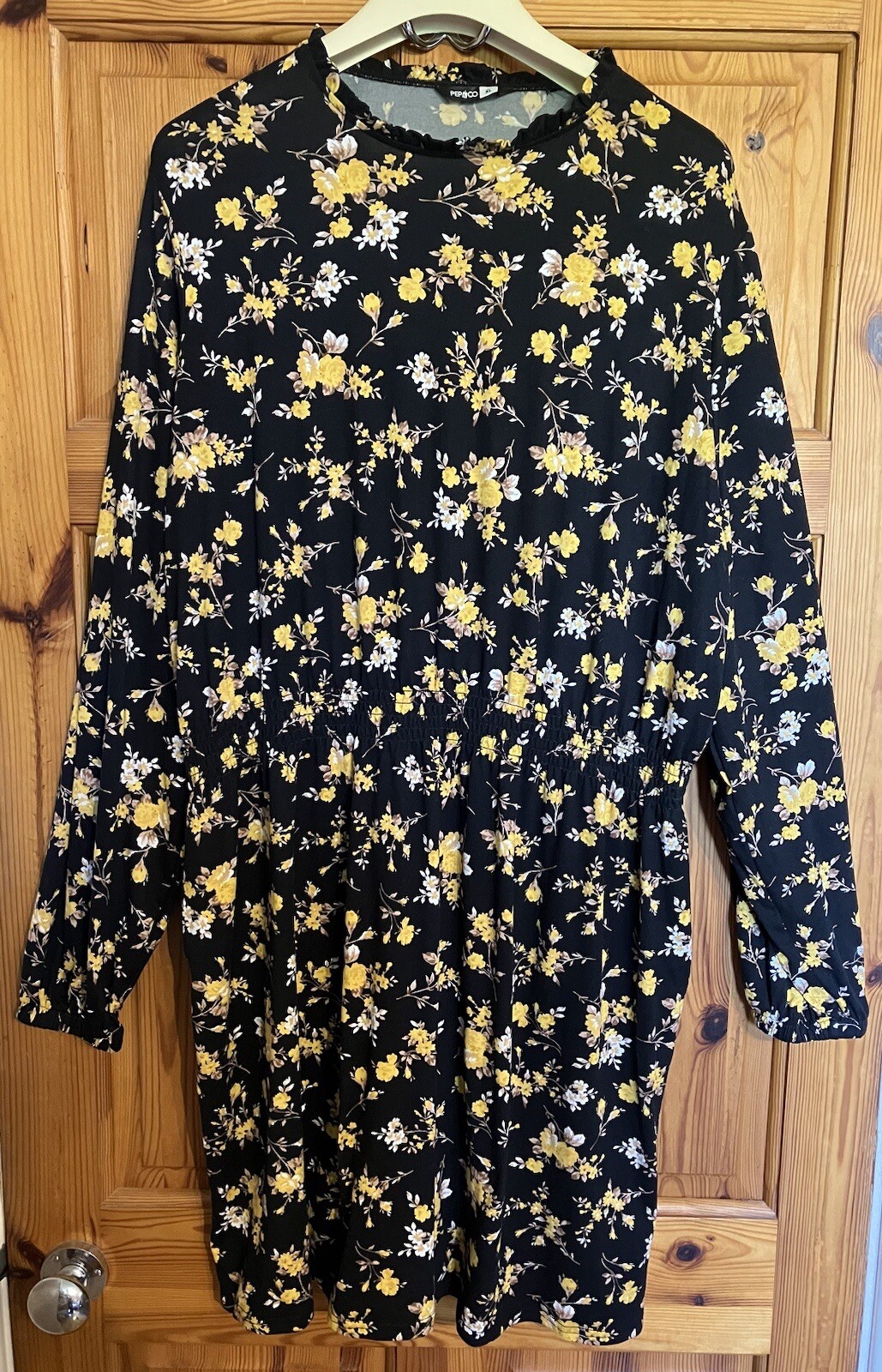 Black With Yellow Floral Pattern Knee Length Dress, XL by Pep&Co Long Sleeve