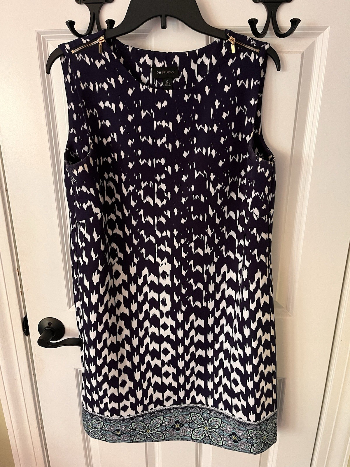 AB Studio Navy White Abstract Sheath Dress Gold Shoulder Zips Size 12