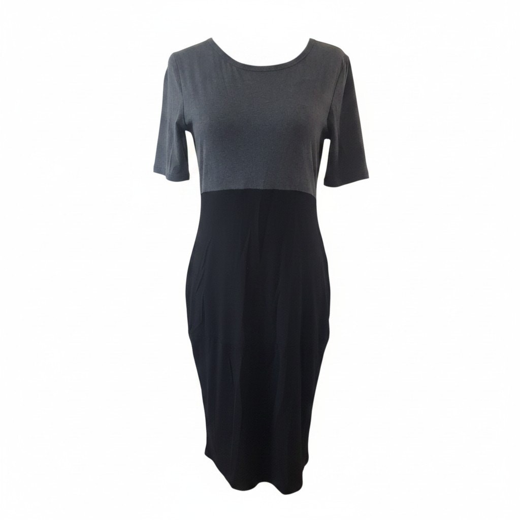 LuLaRoe Julia Dress Black and Gray Short Sleeve Form Fitting Midi Womens Size M