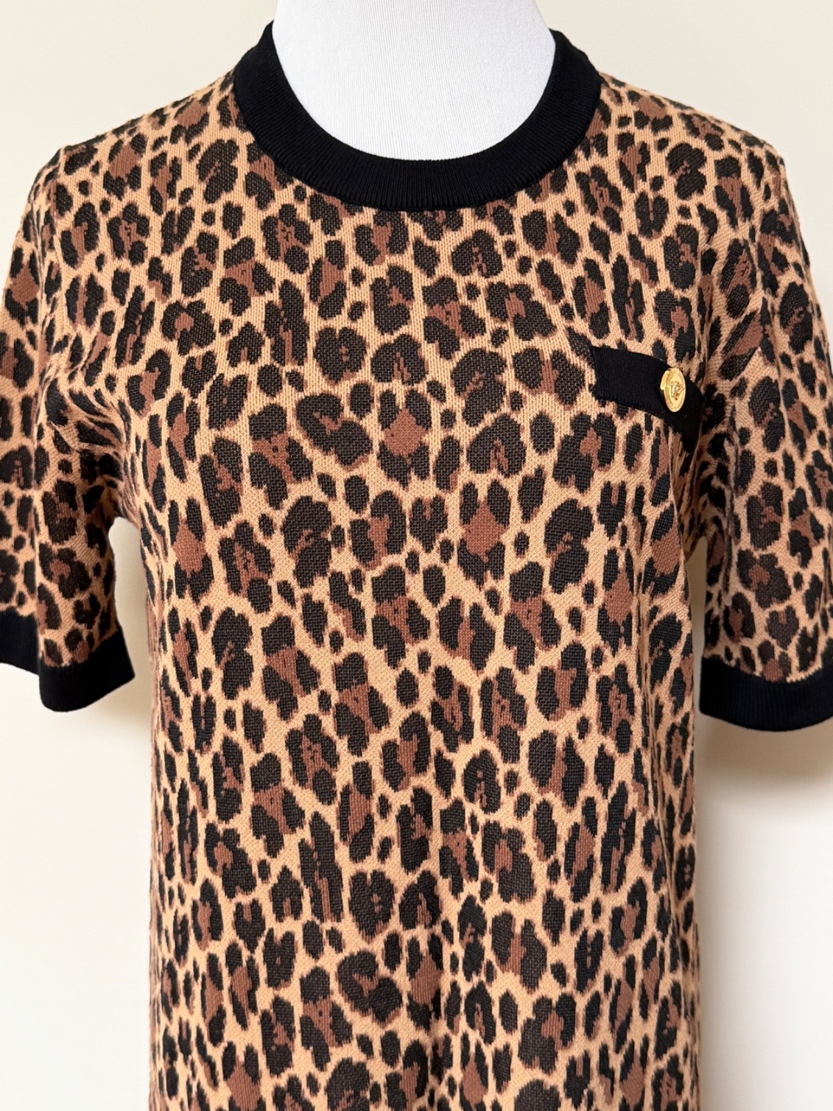 NWT Versace Medusa Logo Button Leopard Intarsia Print Knit Dress 46 US 10 $2950