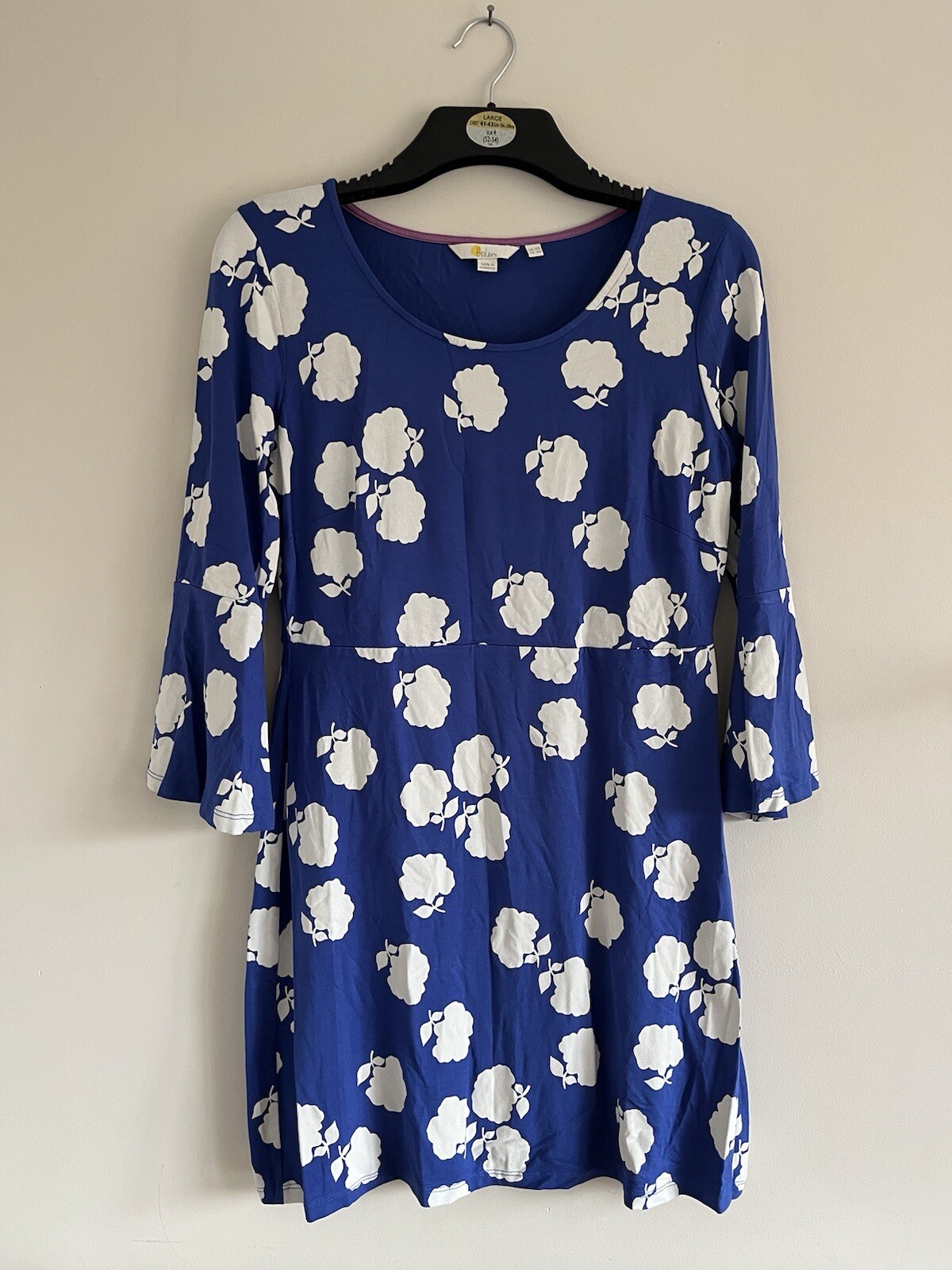 BODEN Miriam Stretch Tunic Dress Blue White Bold Floral Bell Sleeve Size 12 C1