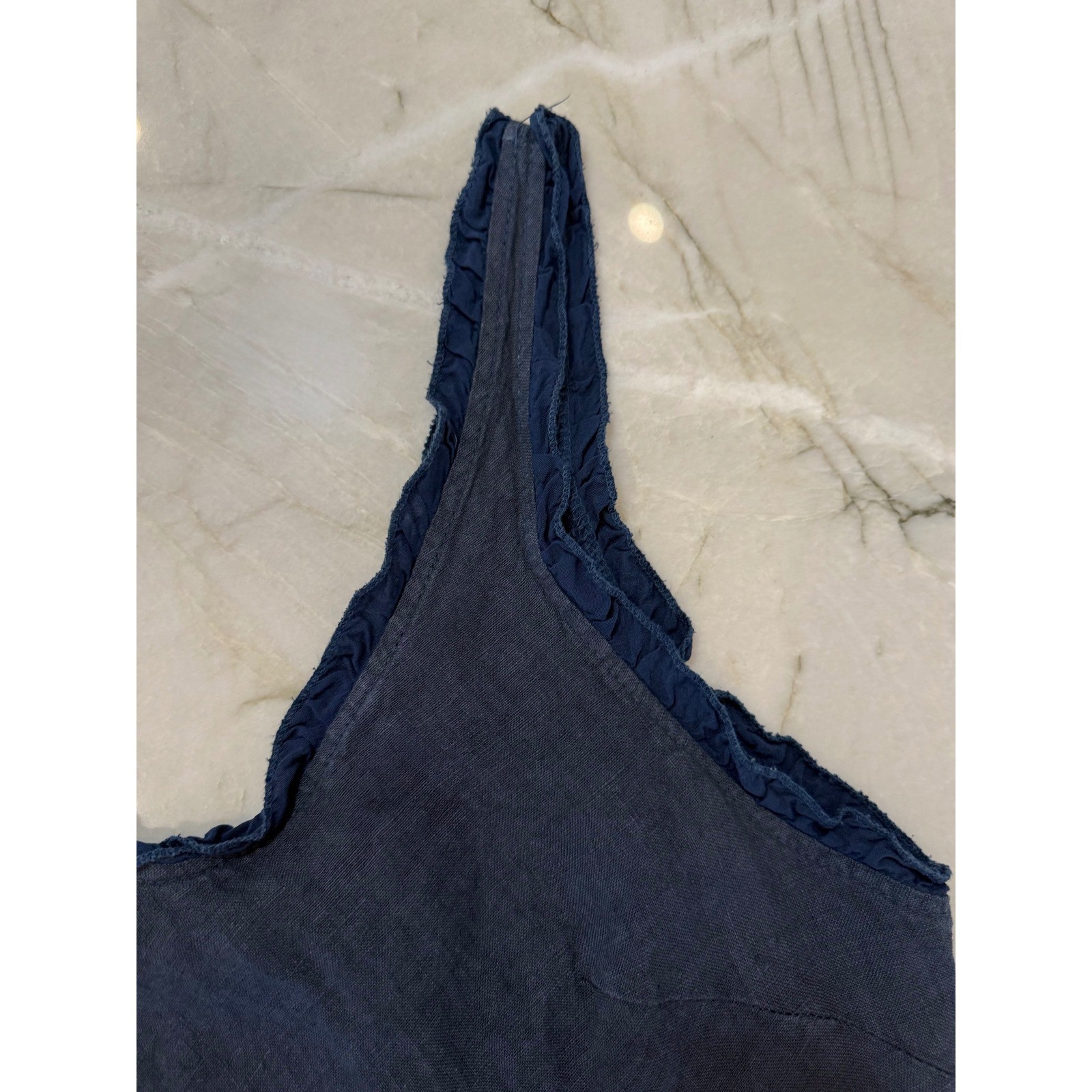 Meo Meli Italy Navy 100% Linen Ruffle Trim V-Neck A-Line Midi Dress One Size