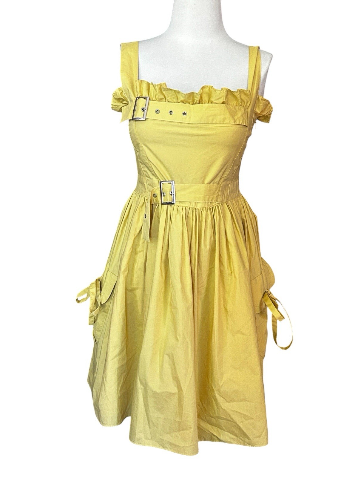 Butter Yellow Ryu Cotton Summer Dress Buckle Detail Ruffle Accent Size Small