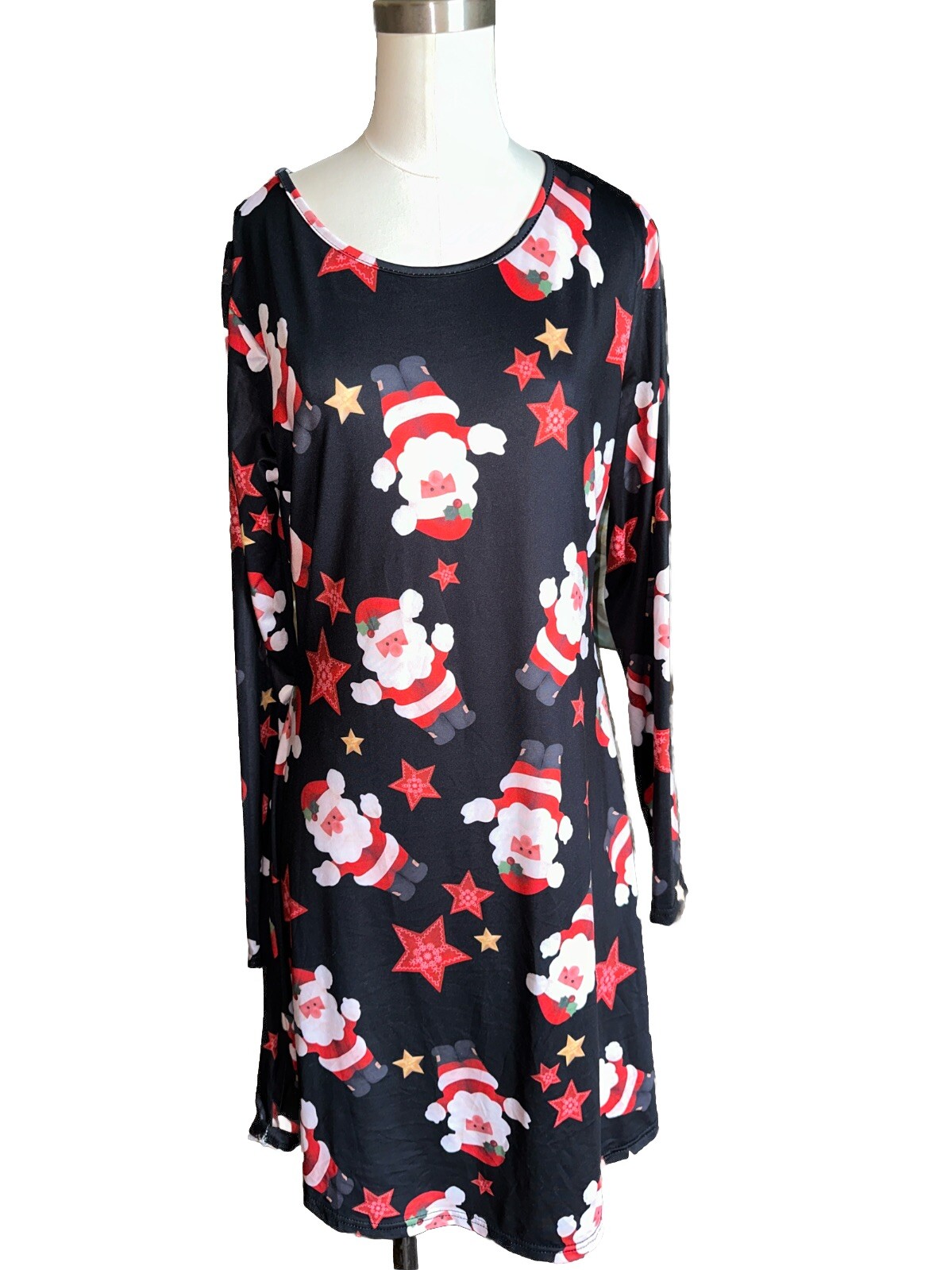 Christmas Santa Dress Stars Size Large Black Red Stretchy