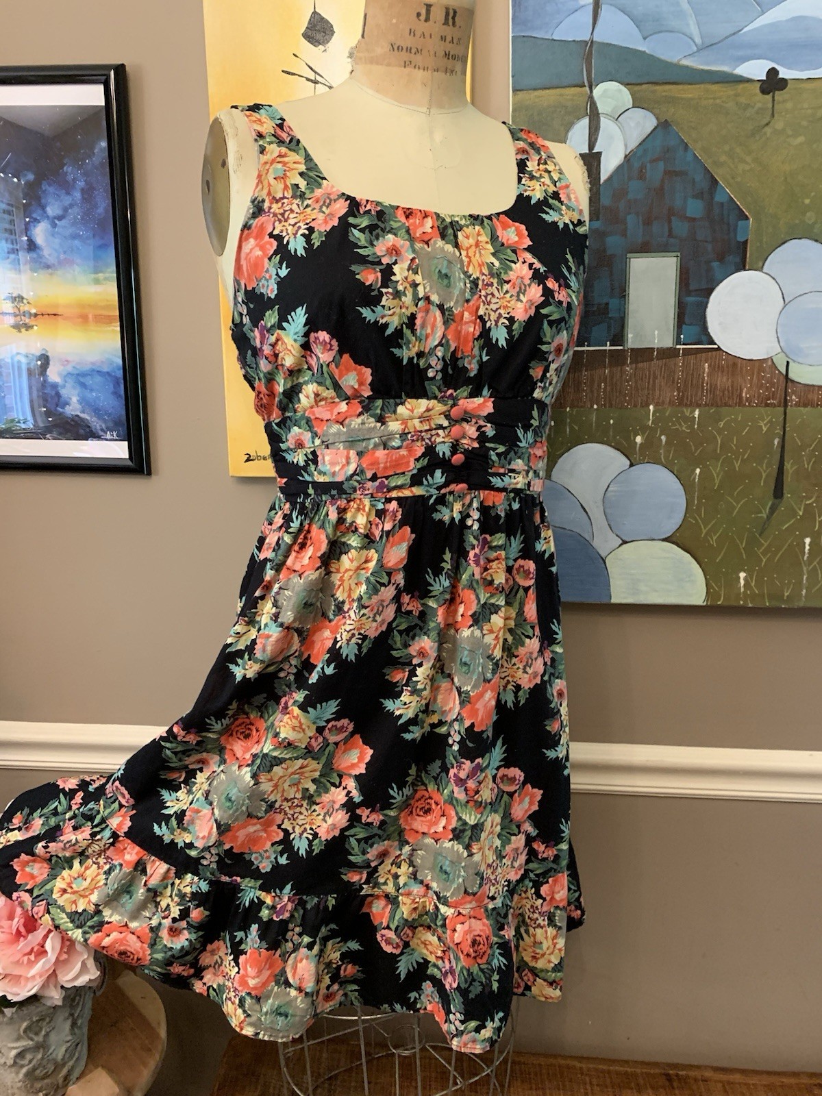 Angie Cotton Black Multi Floral Ruffled Midi Summer Dress L Boho