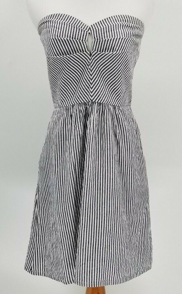 Judith March Size M Seersucker Stripe Strapless Dress Navy White Pockets Keyhole