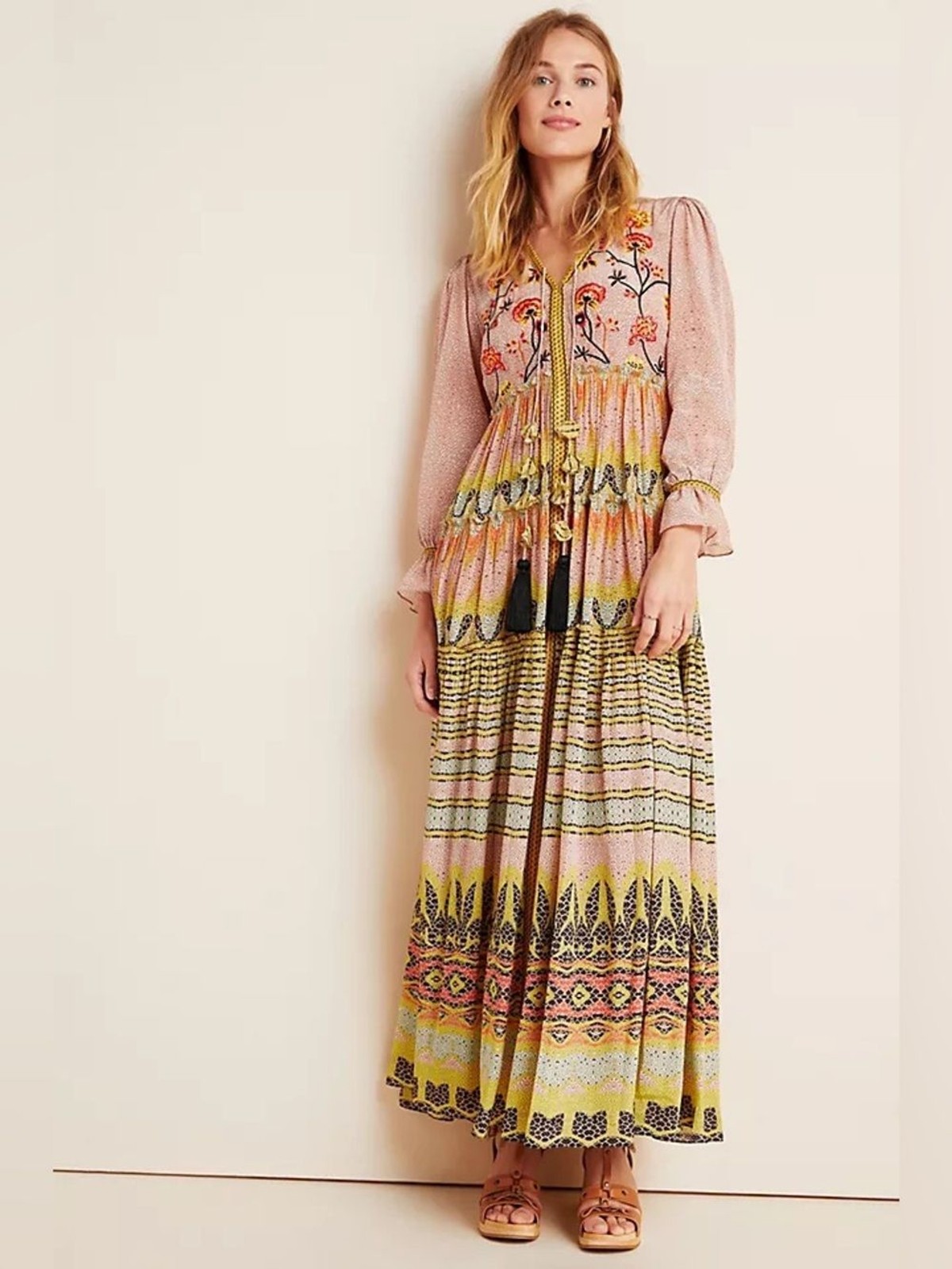 BHANUNI BY JYOTI Giorgia Bohemian Pink Floral Tassel Maxi Dress 2 Summer Vacay