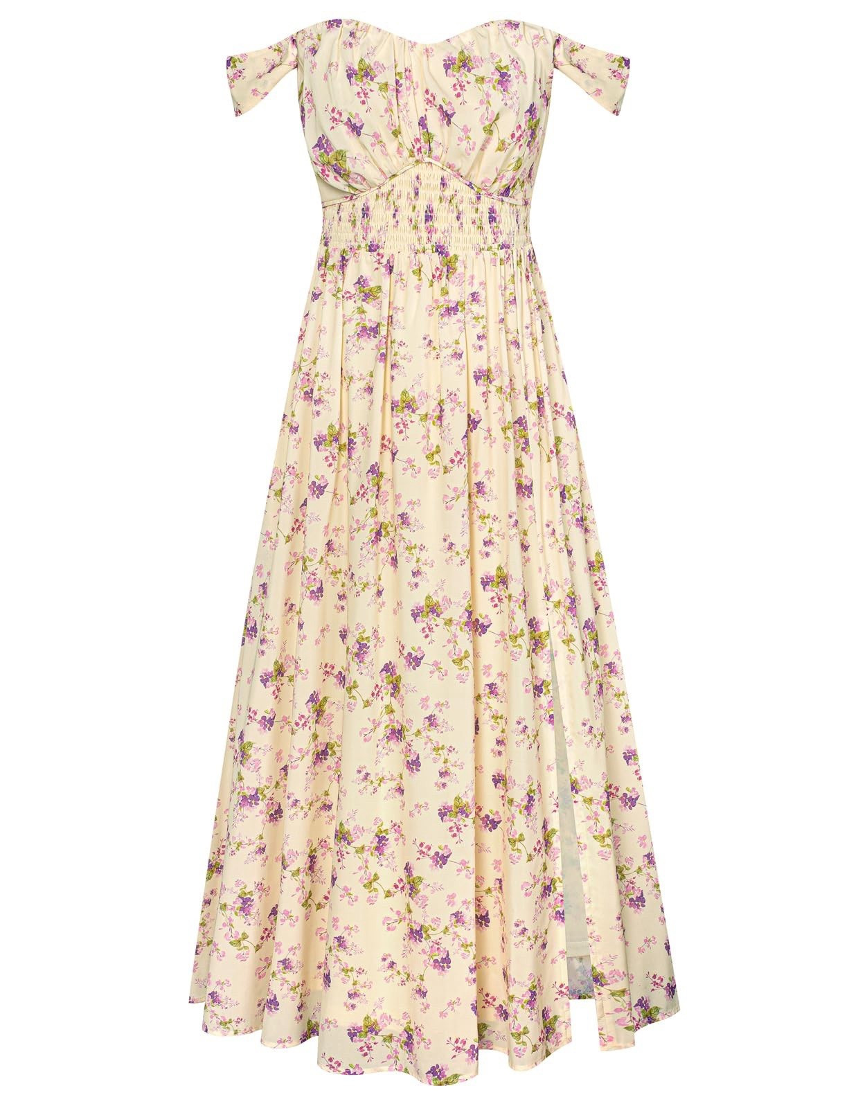 NWT Grace Karin Floral Maxi Dress Cream Purple Smocked Cottagecore Size Small
