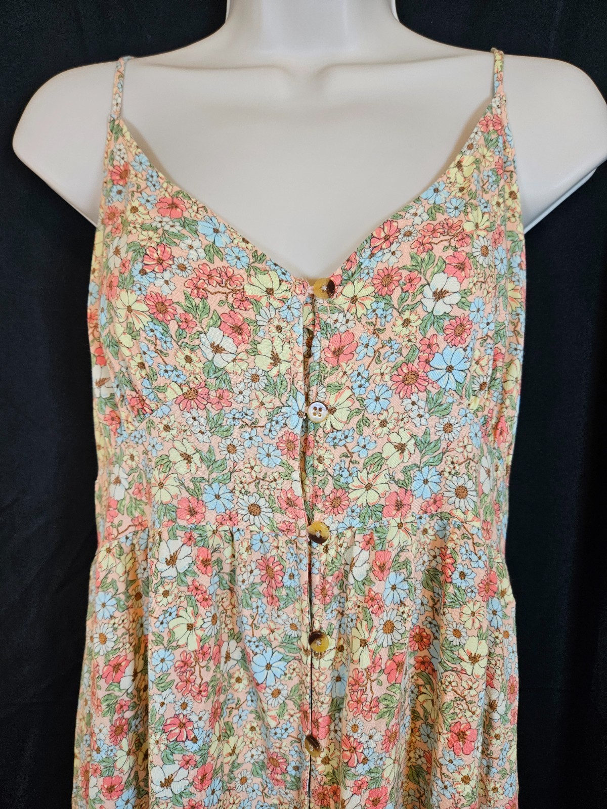 RIP CURL Floral Tiered Bottom Button Down Sundress Midi Shirred Back Size M