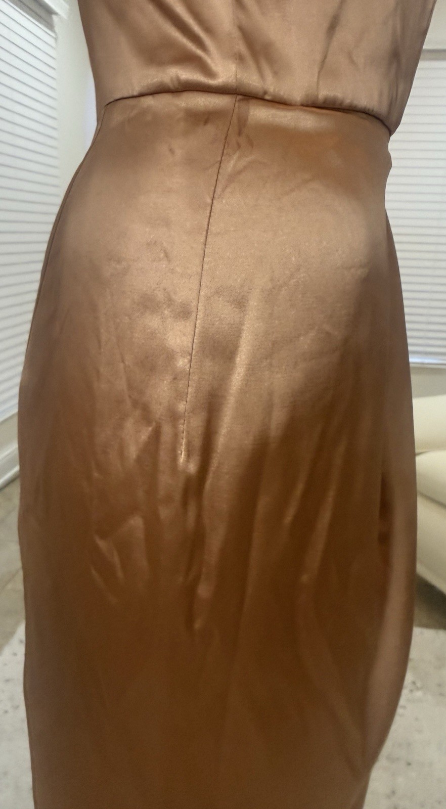 After Six Stretch Satin Toffee Halter Midi Dress with Draped Tulip Skirt Size 2R
