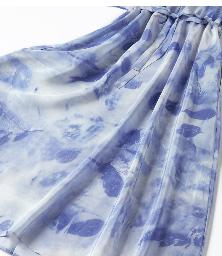 100% Mulbery Silk Light Blue Printed Short Sleeve Women A-Line Midi Dress M1357