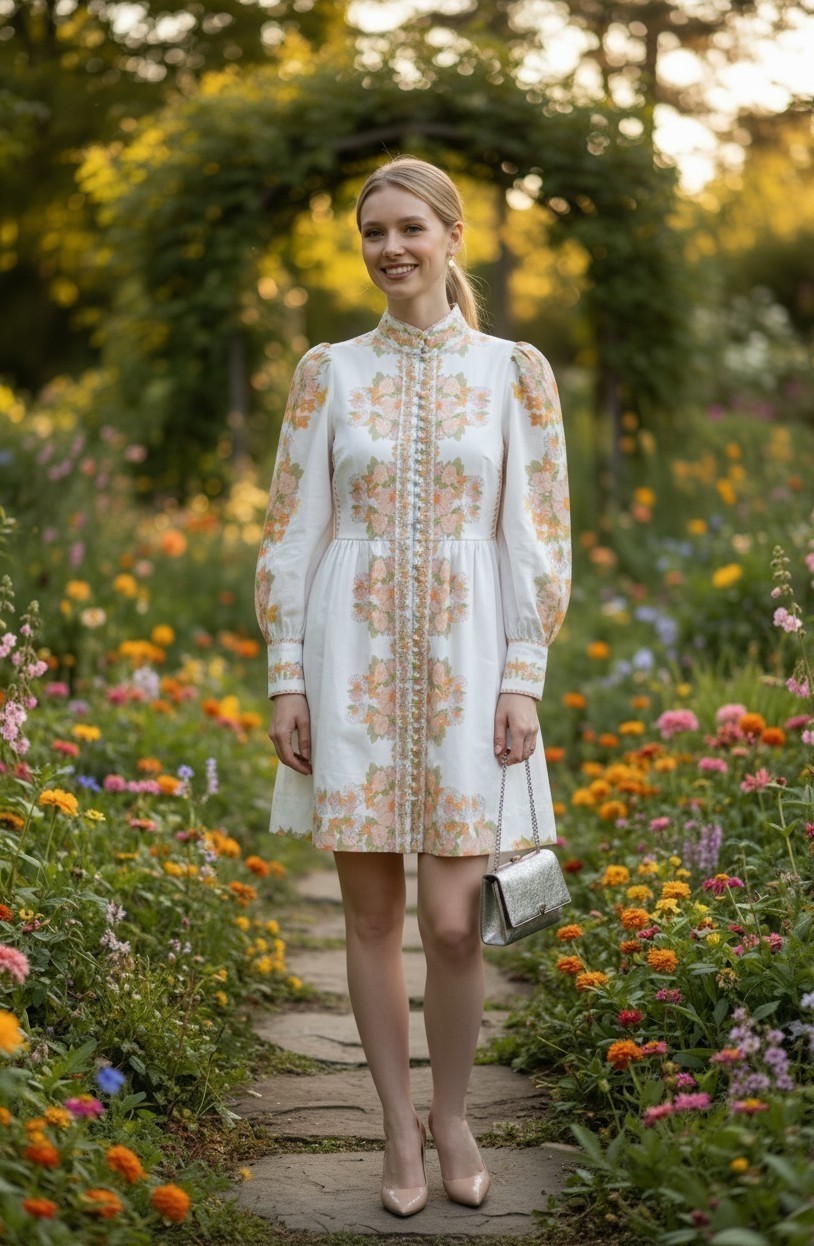 Beulah Floral Mini Dress L Retro 70s Puff Sleeve Belted Boho Ivory Floral Print