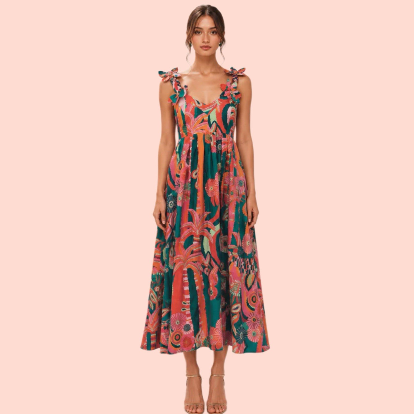NWT Farm Rio Floral Appliqué Tropical Open Back Pleated Palm Midi Dress Size XS